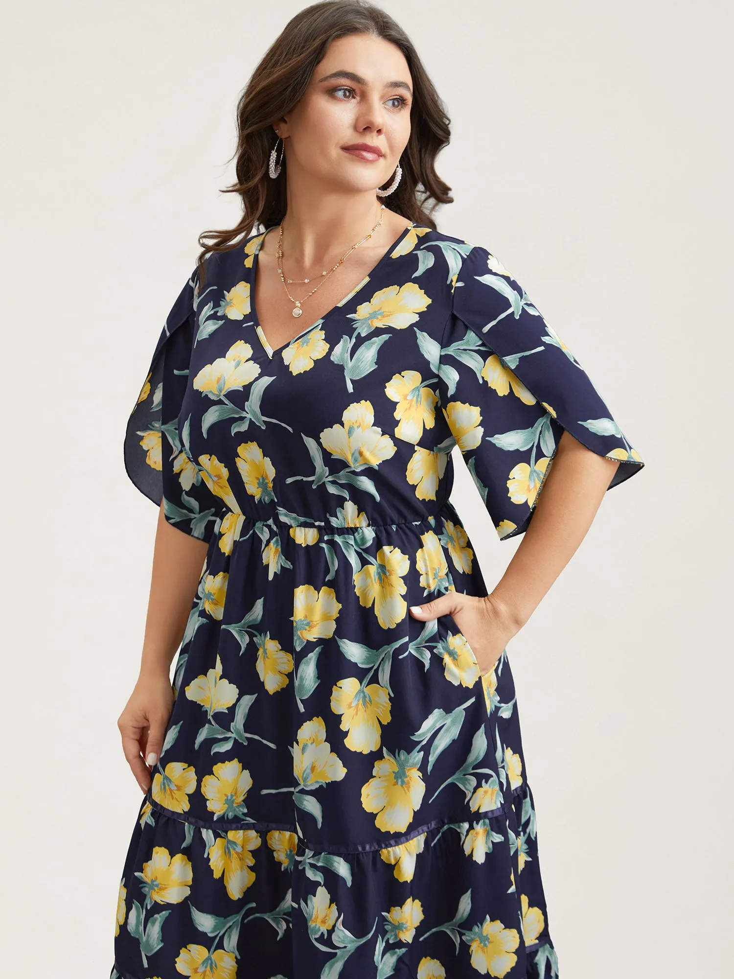 Spring Flowers V-Neck Tiered Midi Dress sold by Bloomchic