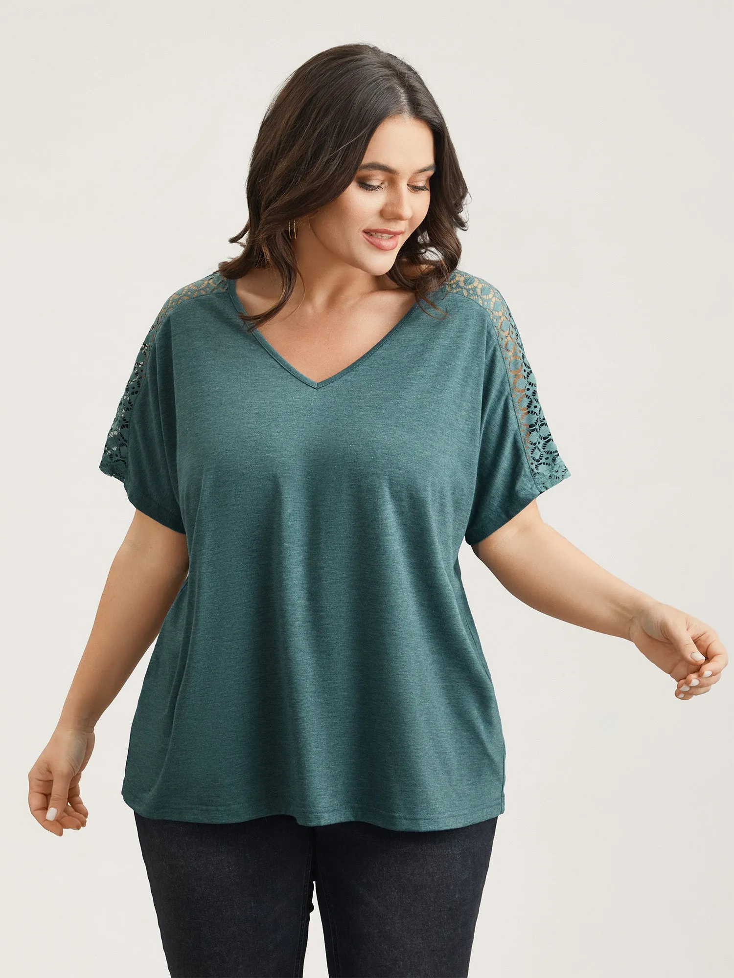 Lace Sleeve V-Neck T-Shirt sold by Bloomchic product image thumbnail 3