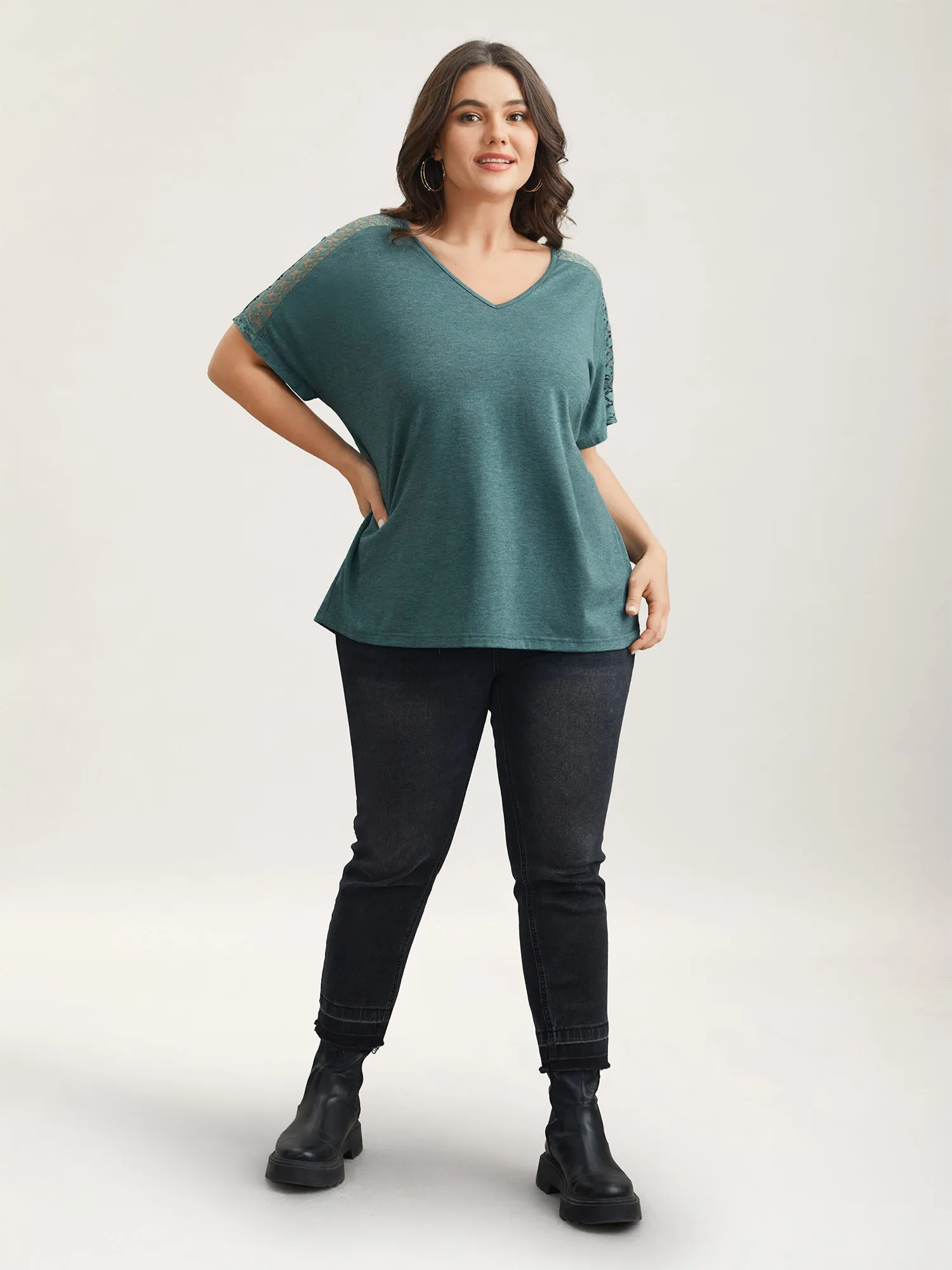 Lace Sleeve V-Neck T-Shirt sold by Bloomchic product image thumbnail 4