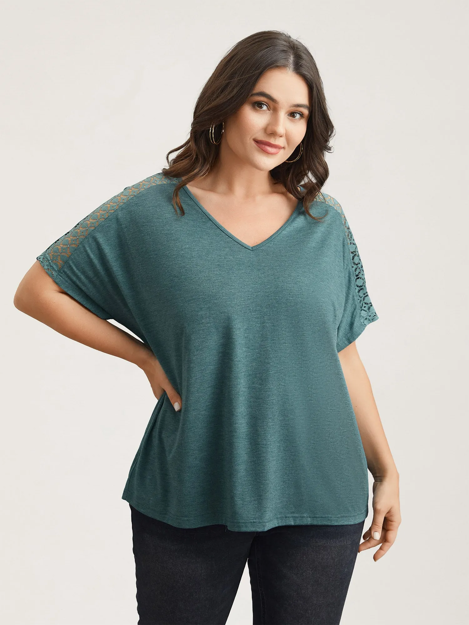 Lace Sleeve V-Neck T-Shirt sold by Bloomchic