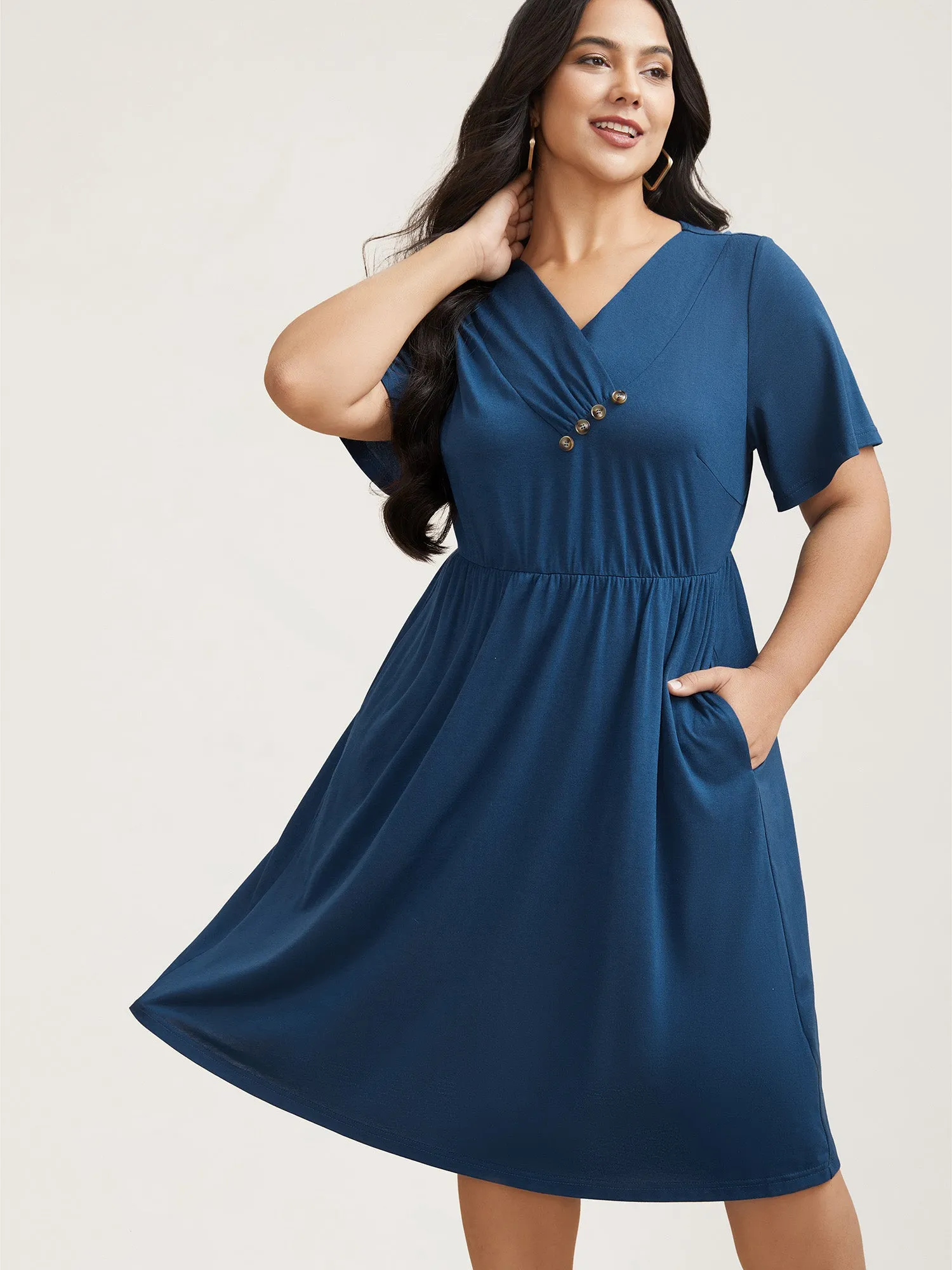 Button Detail Pleated Pockets Midi Dress sold by Bloomchic