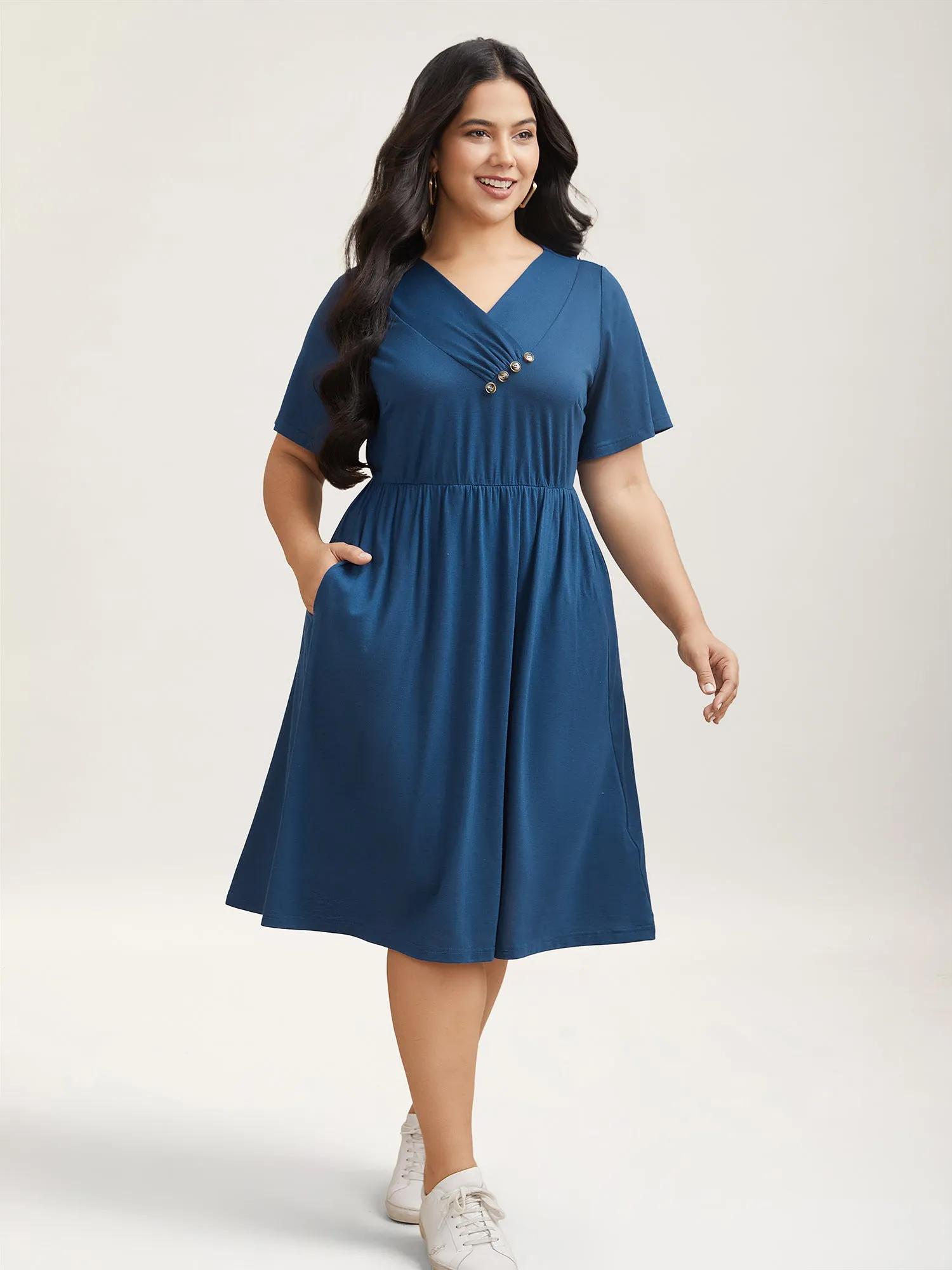 Button Detail Pleated Pockets Midi Dress sold by Bloomchic product image thumbnail 3