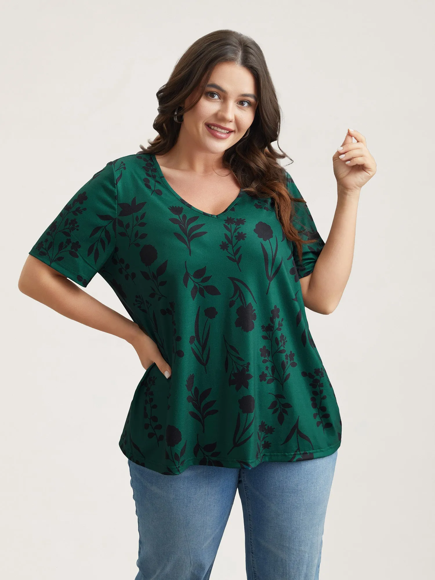 Stretchy Floral Print V-Neck T-Shirt sold by Bloomchic product image thumbnail 3