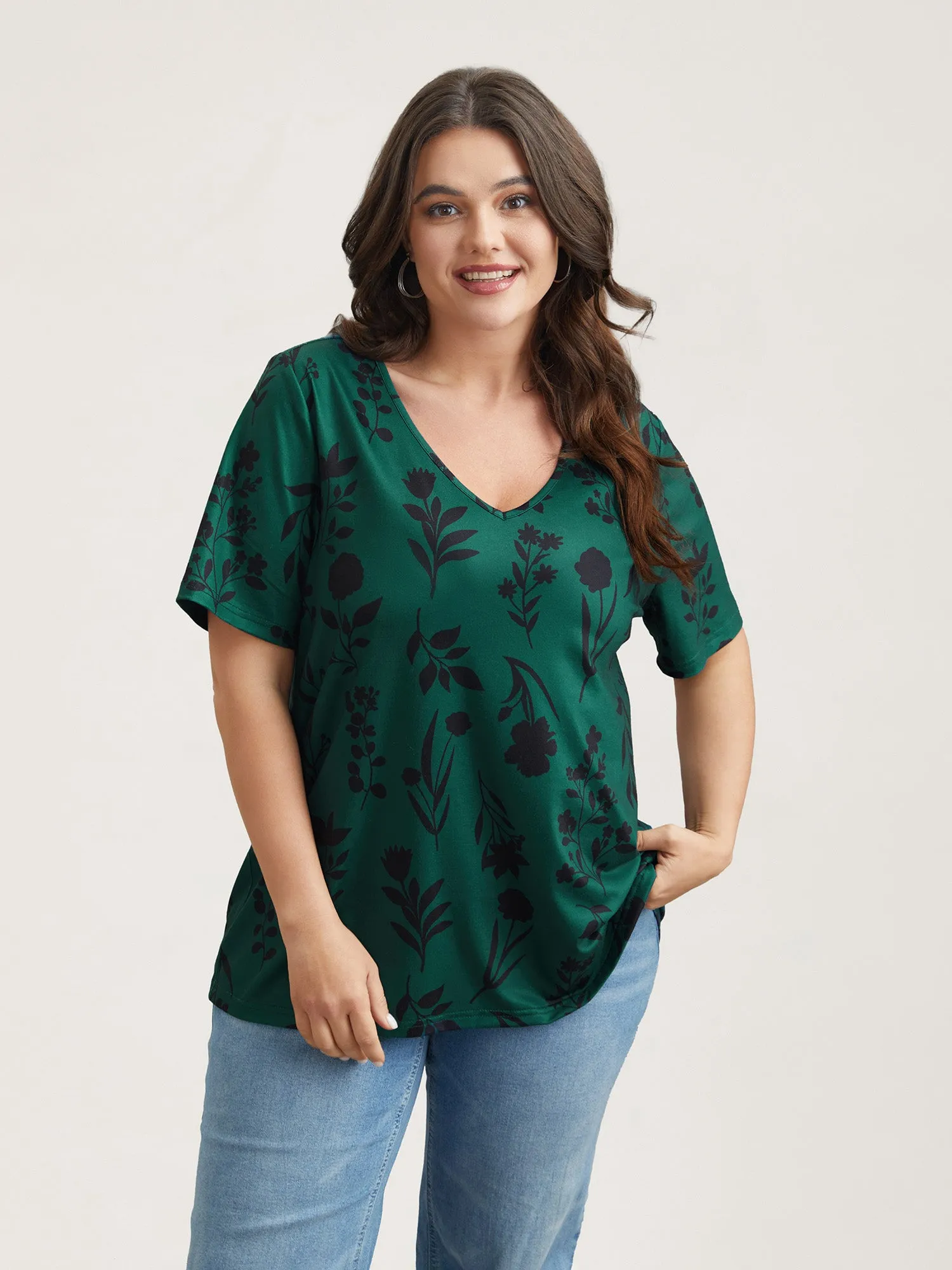 Stretchy Floral Print V-Neck T-Shirt sold by Bloomchic