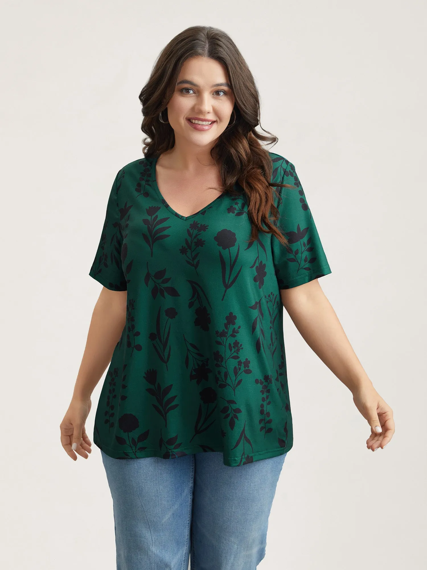 Stretchy Floral Print V-Neck T-Shirt sold by Bloomchic product image thumbnail 2