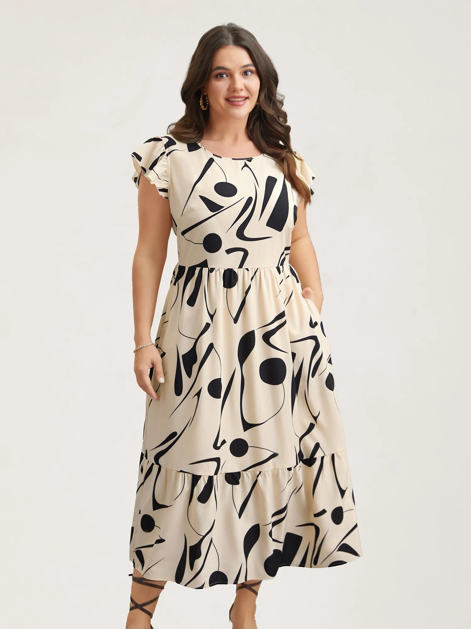 Geometric Print Flutter Sleeve Tiered Midi Dress sold by Bloomchic product image thumbnail 4