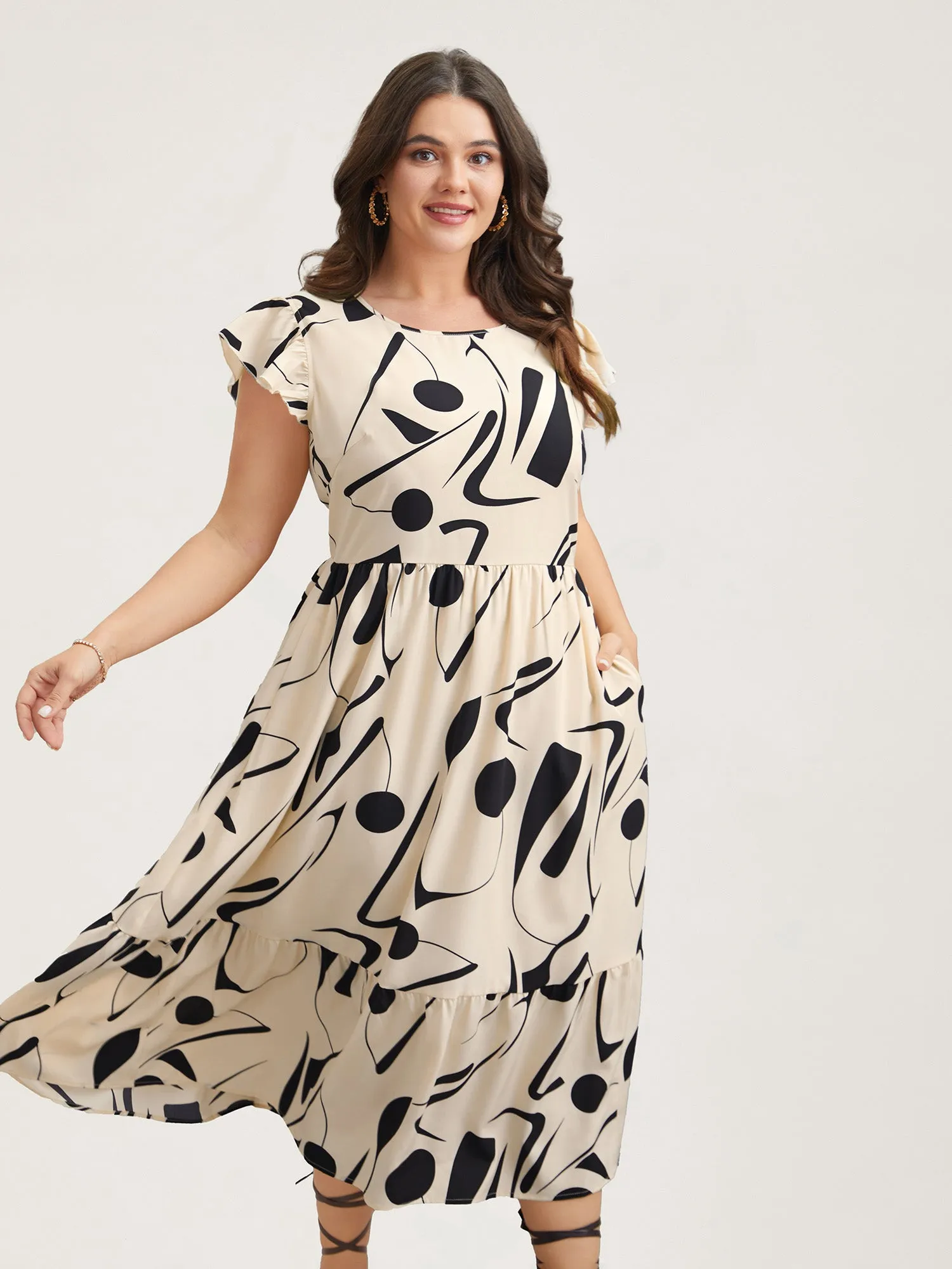 Geometric Print Flutter Sleeve Tiered Midi Dress sold by Bloomchic