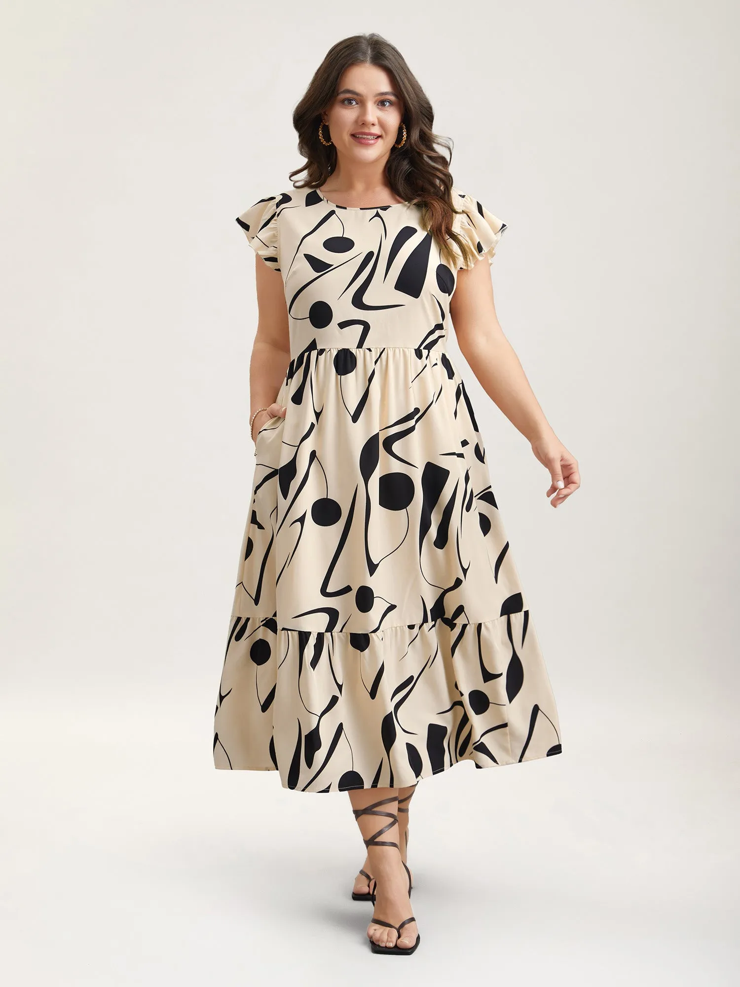 Geometric Print Flutter Sleeve Tiered Midi Dress sold by Bloomchic product image thumbnail 2
