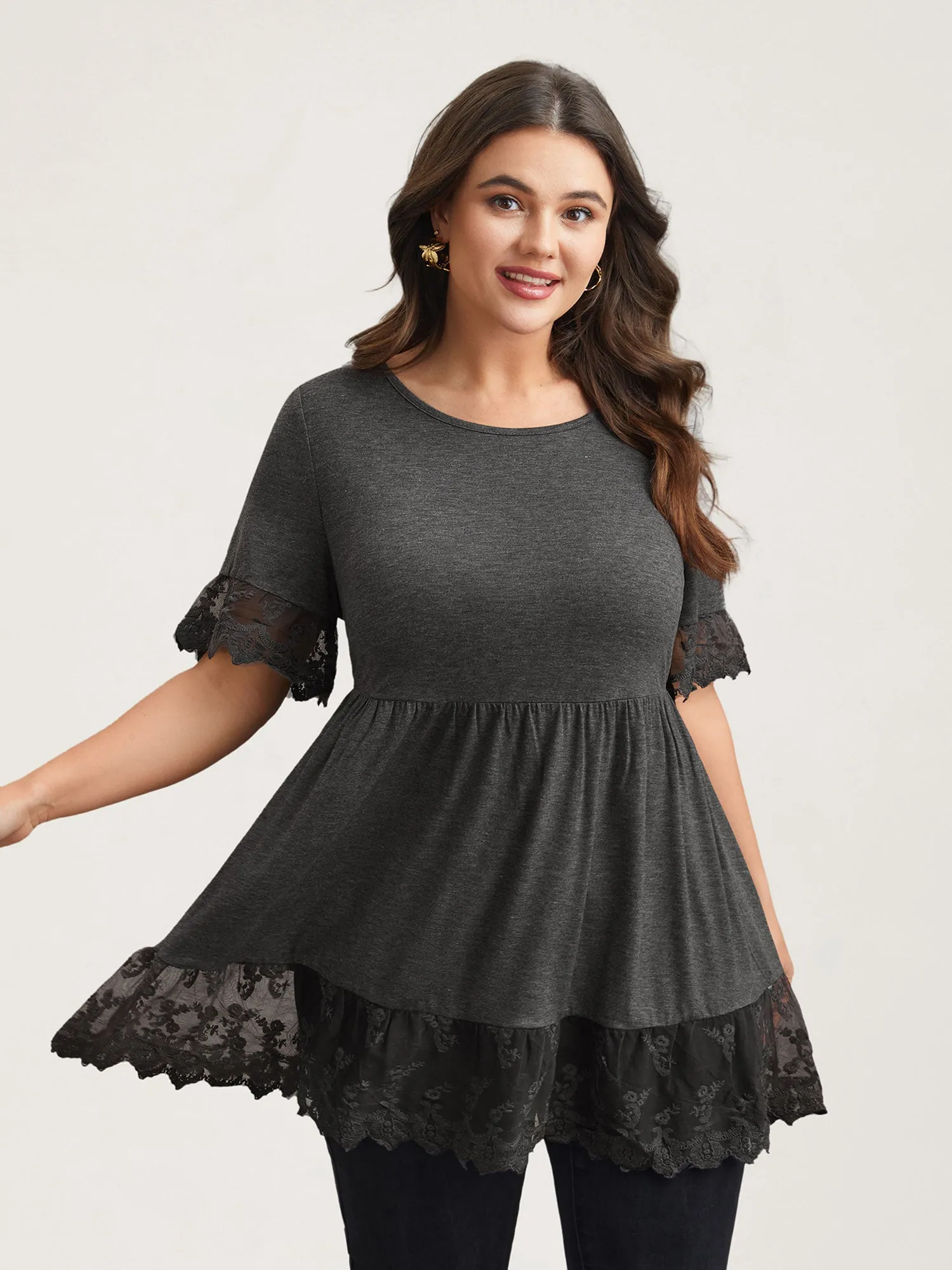 Lace Detail Round Neck Peplum Top sold by Bloomchic