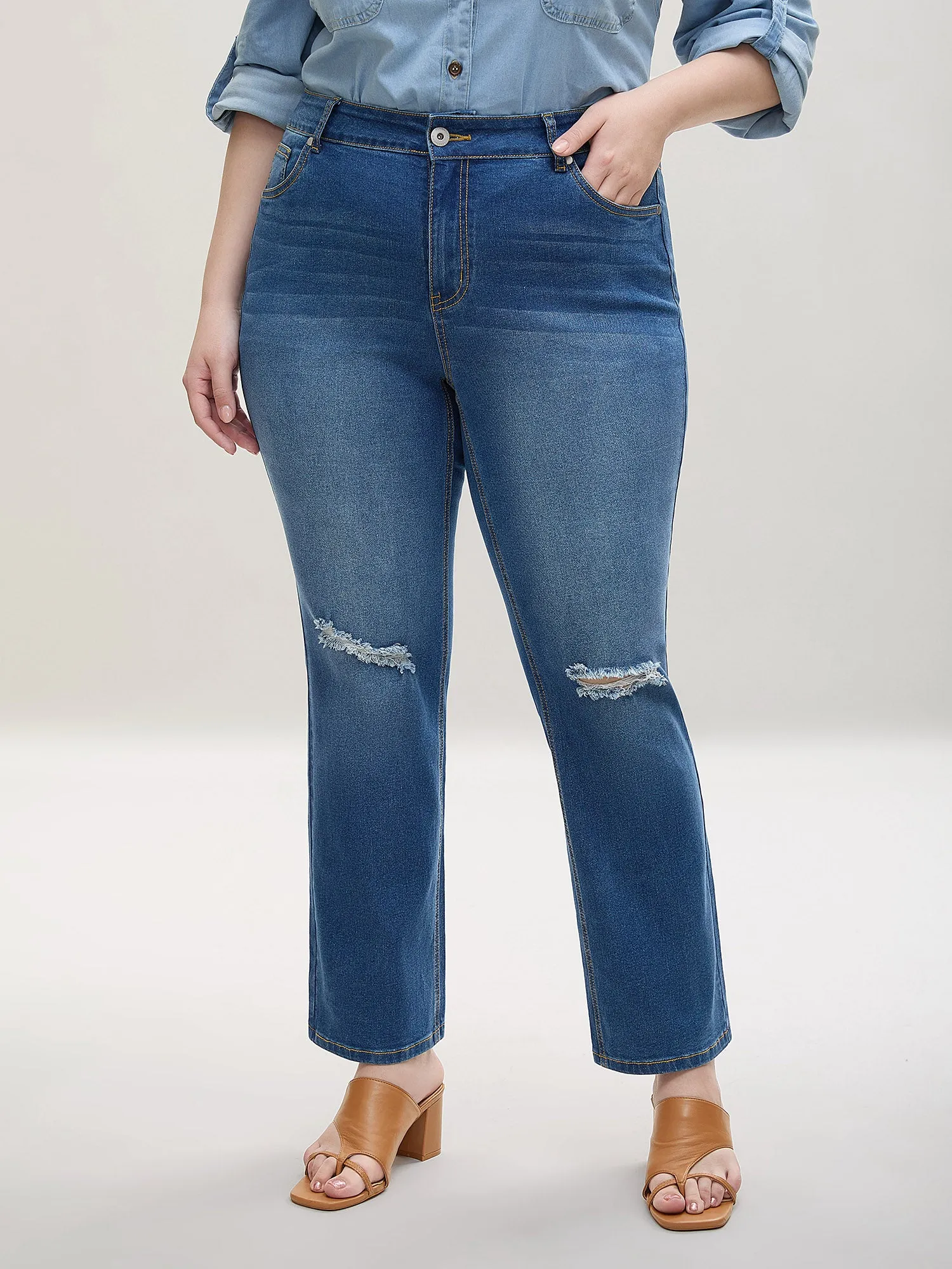 Ripped Mid-Rise Straight-Leg Jeans sold by Bloomchic