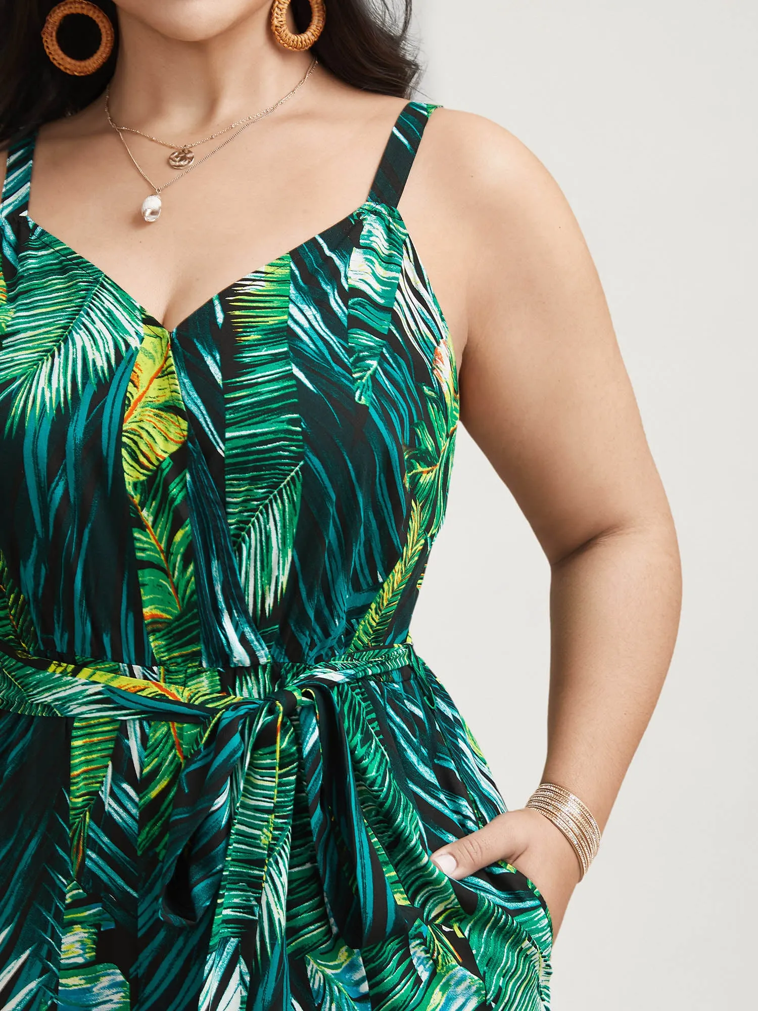Tropical Leaf Print Stretchy Belted Slit Jumpsuit sold by Bloomchic product image thumbnail 2