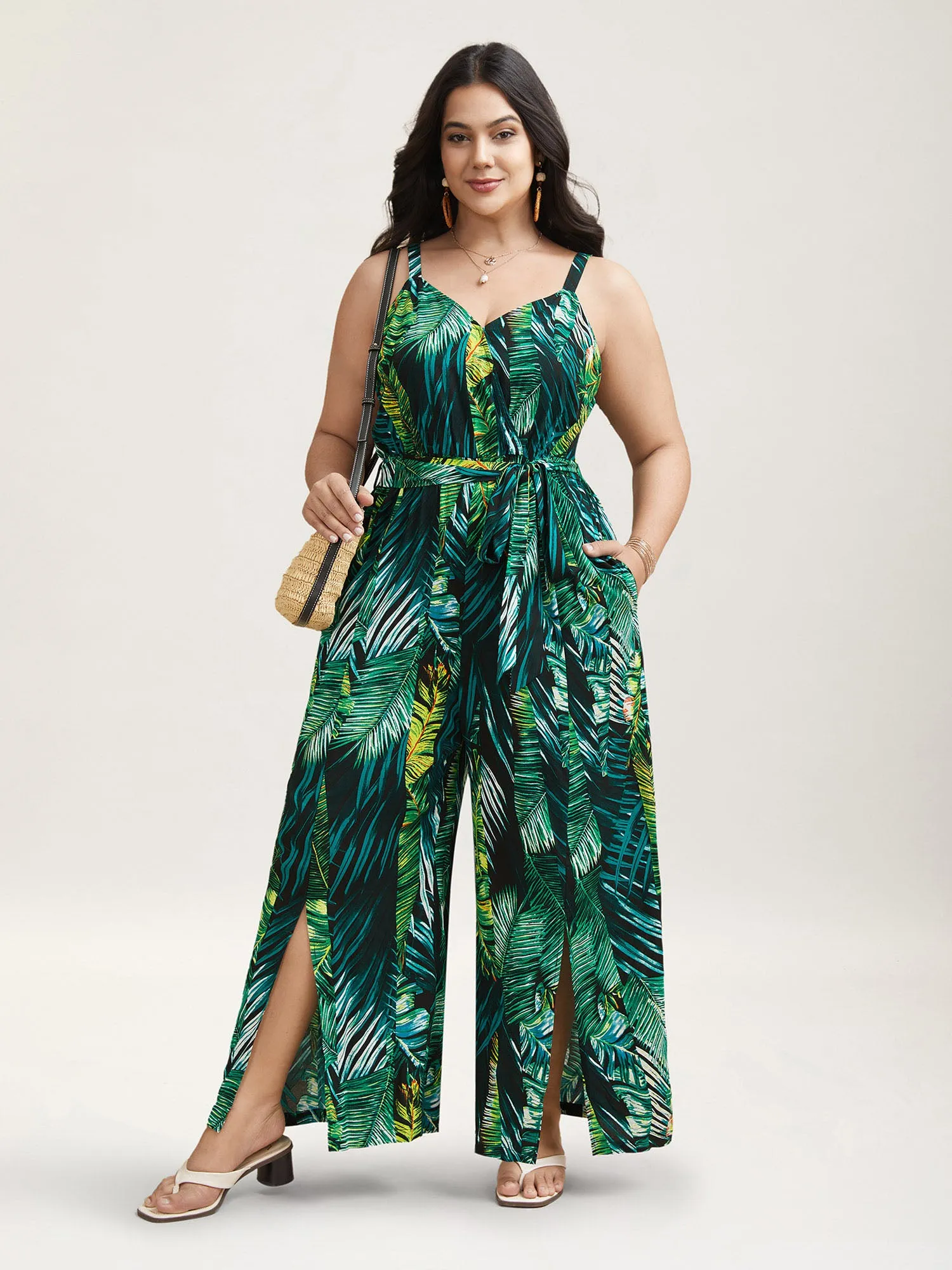 Tropical Leaf Print Stretchy Belted Slit Jumpsuit sold by Bloomchic product image thumbnail 3