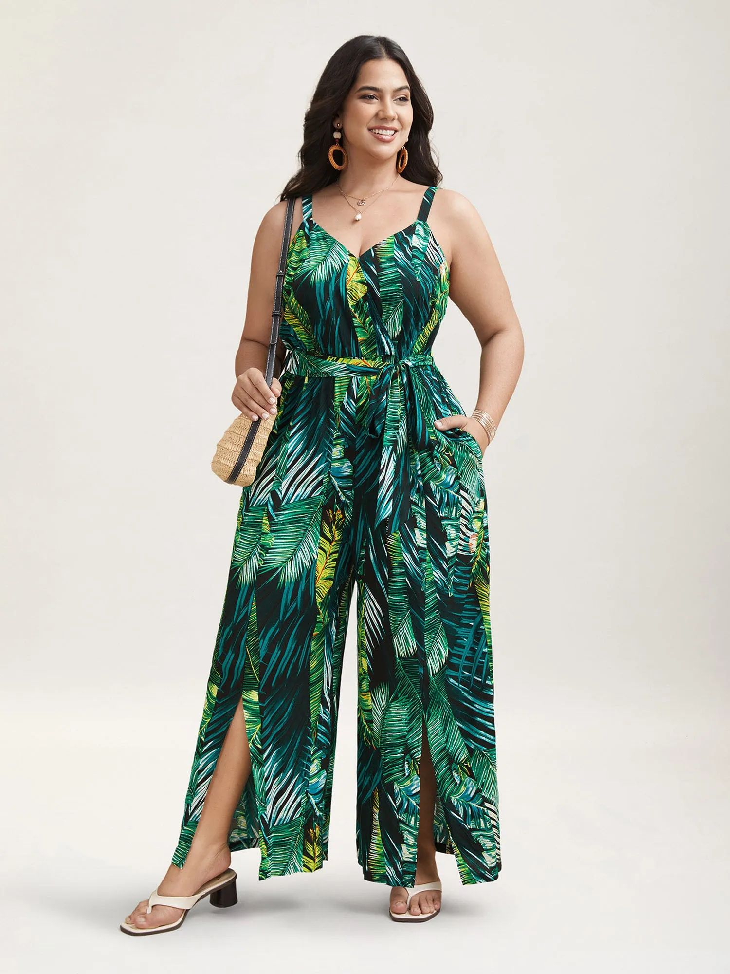Tropical Leaf Print Stretchy Belted Slit Jumpsuit sold by Bloomchic