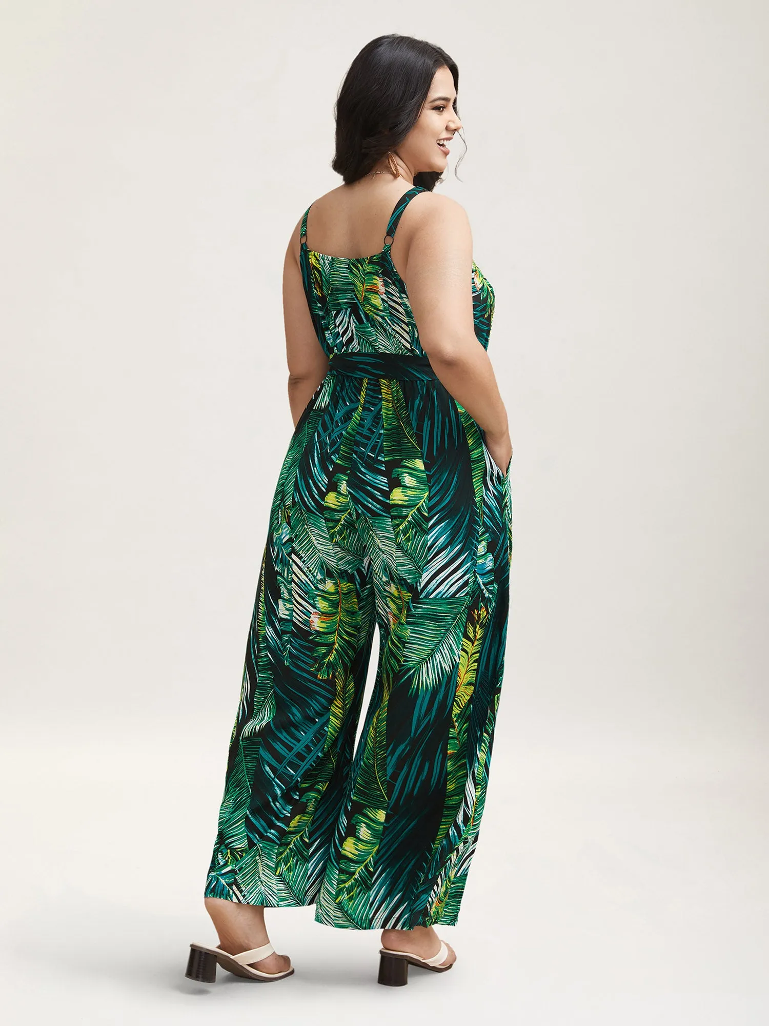 Tropical Leaf Print Stretchy Belted Slit Jumpsuit sold by Bloomchic product image thumbnail 4
