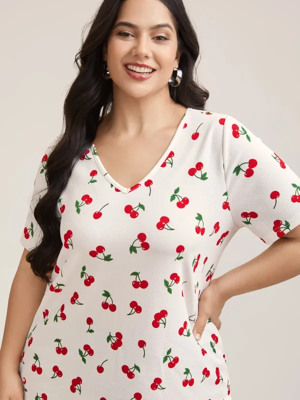 Cherry Print Stretchy V-Neck T-Shirt sold by Bloomchic