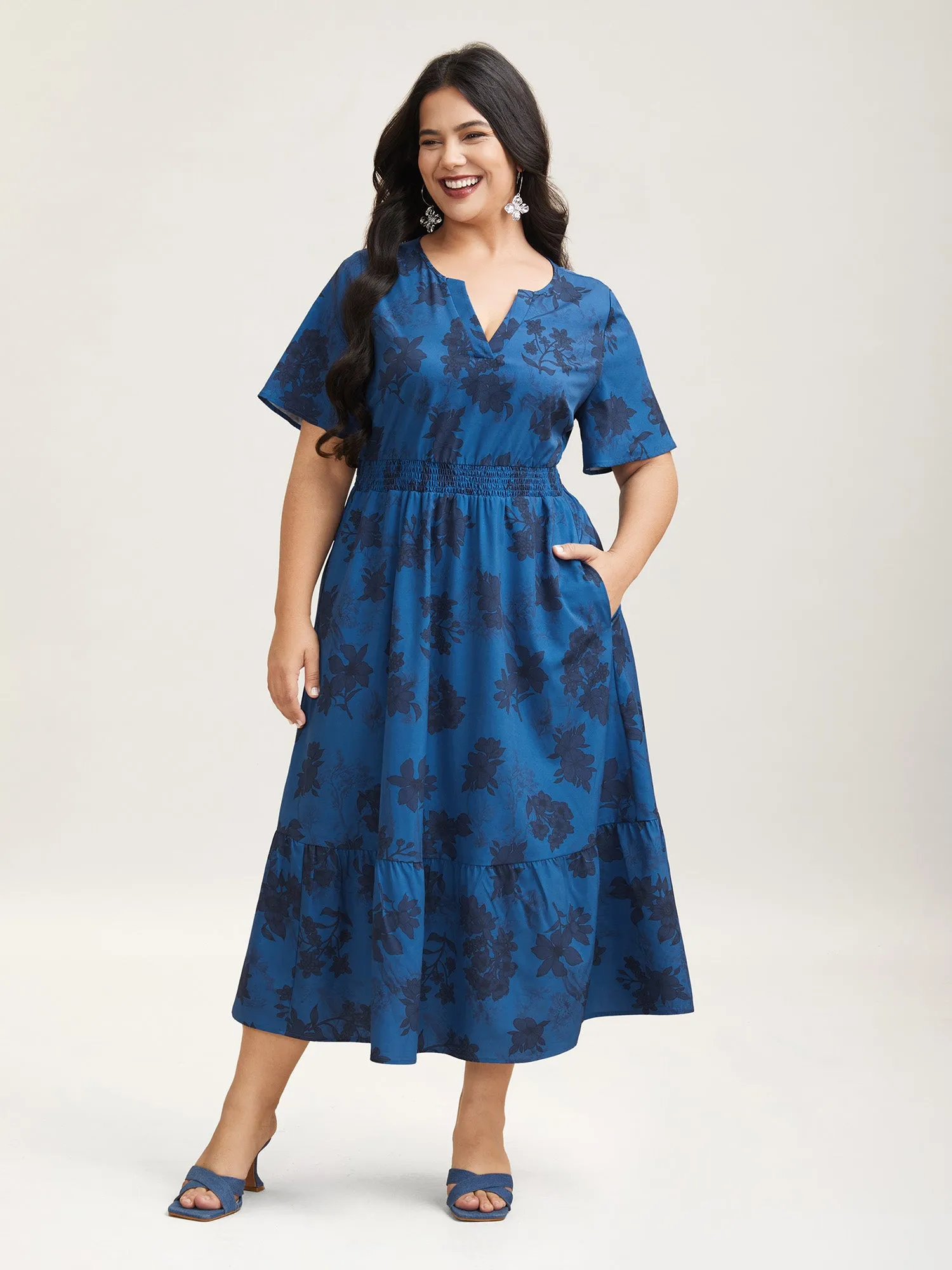 Silhouette Flower Shirred Pockets Midi Dress sold by Bloomchic