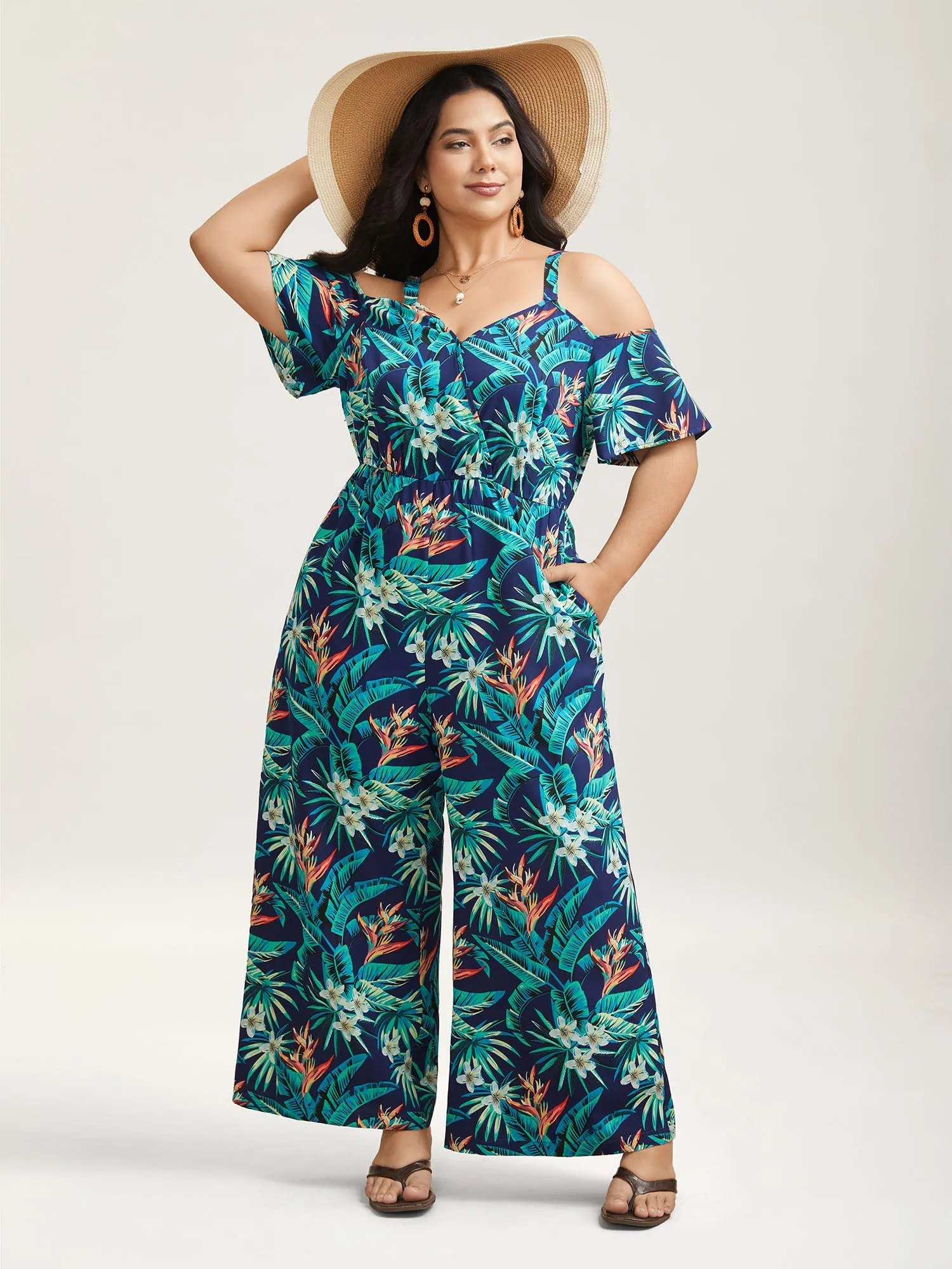 Tropical Print Cold-Shoulder Belted Jumpsuit sold by Bloomchic