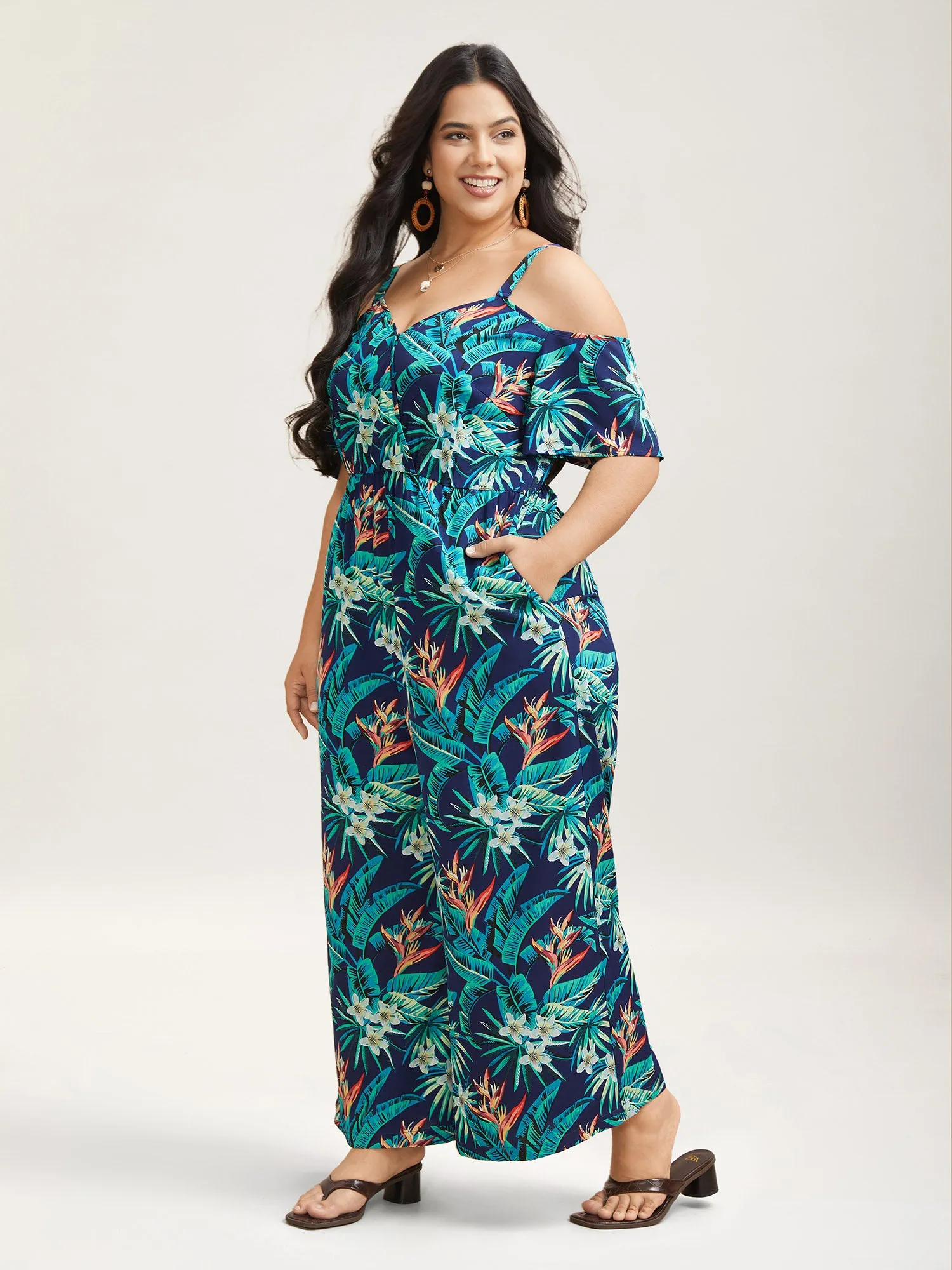 Tropical Print Cold-Shoulder Belted Jumpsuit sold by Bloomchic product image thumbnail 2