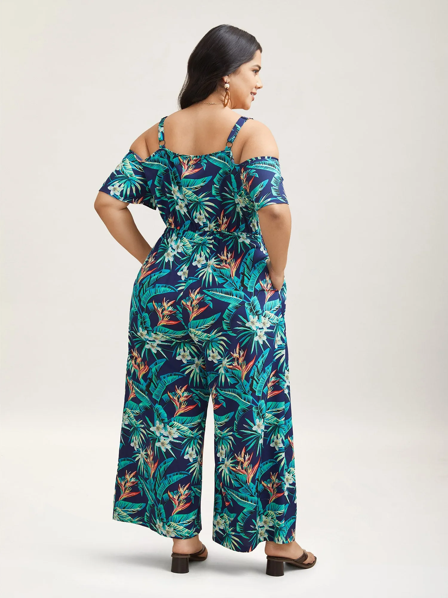 Tropical Print Cold-Shoulder Belted Jumpsuit sold by Bloomchic product image thumbnail 4