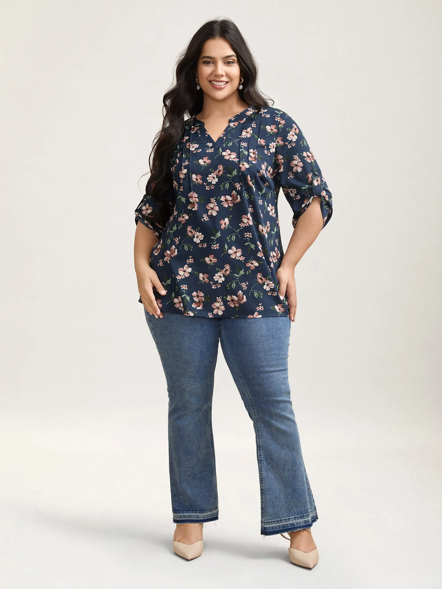 Floral Print Tab Sleeve Pintuck Shirt sold by Bloomchic product image thumbnail 2