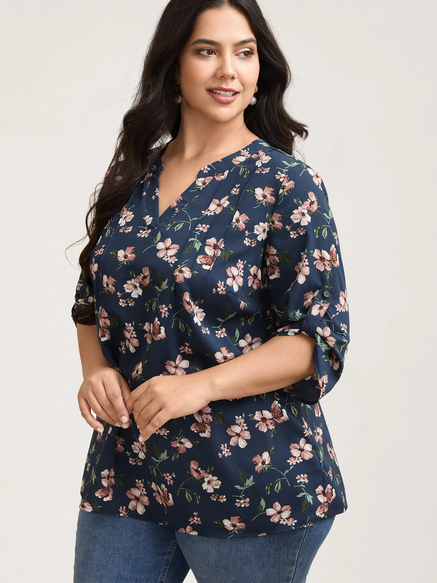Floral Print Tab Sleeve Pintuck Shirt sold by Bloomchic