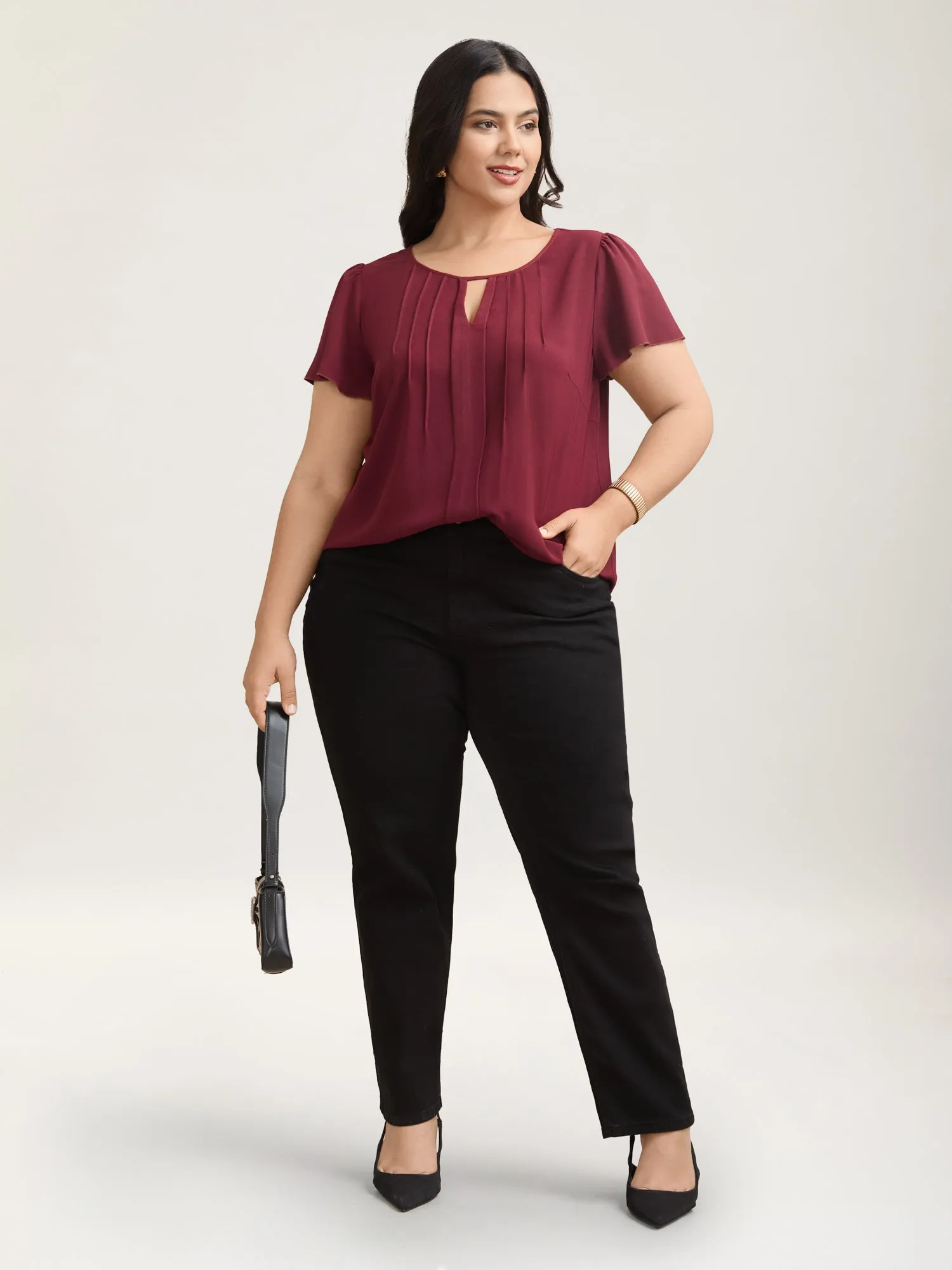 Plain Neck Cut-Out Pintuck Shirt sold by Bloomchic product image thumbnail 2