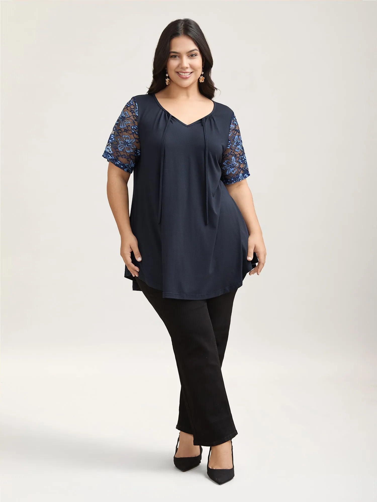 Dual-Tone Lace Neck Tie Relaxed T-Shirt sold by Bloomchic product image thumbnail 2