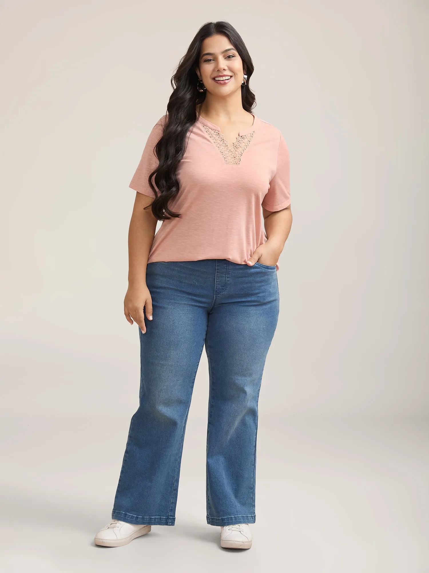 Lace Detail Notched Collar Fitted T-Shirt sold by Bloomchic product image thumbnail 3