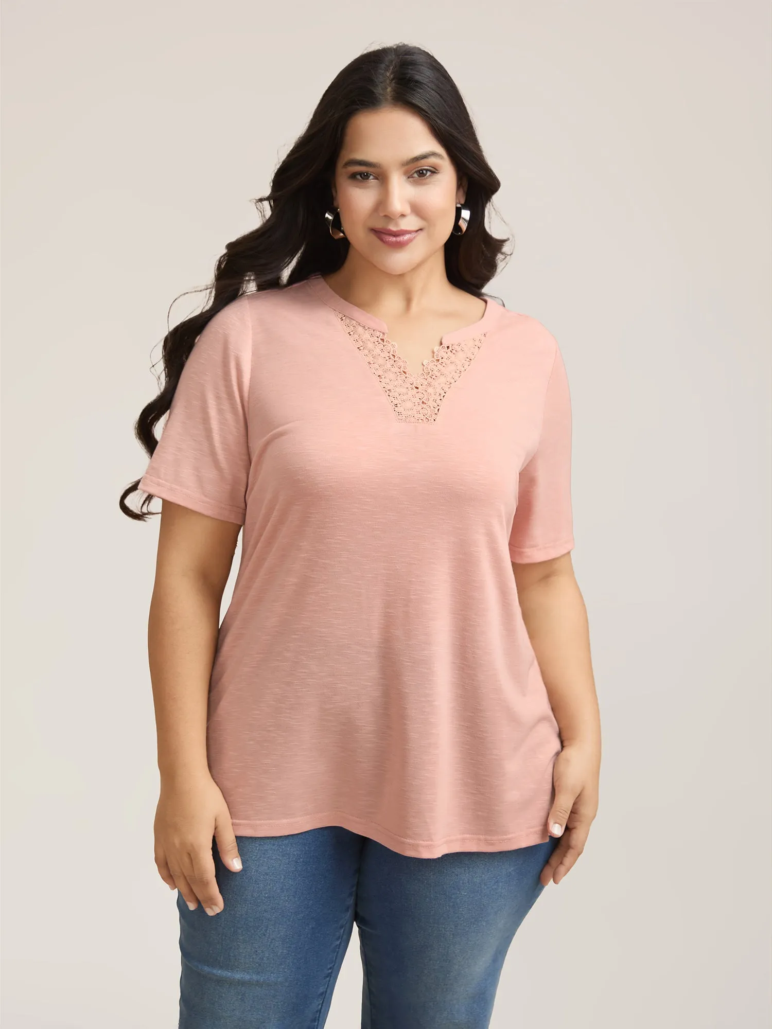 Lace Detail Notched Collar Fitted T-Shirt sold by Bloomchic product image thumbnail 2