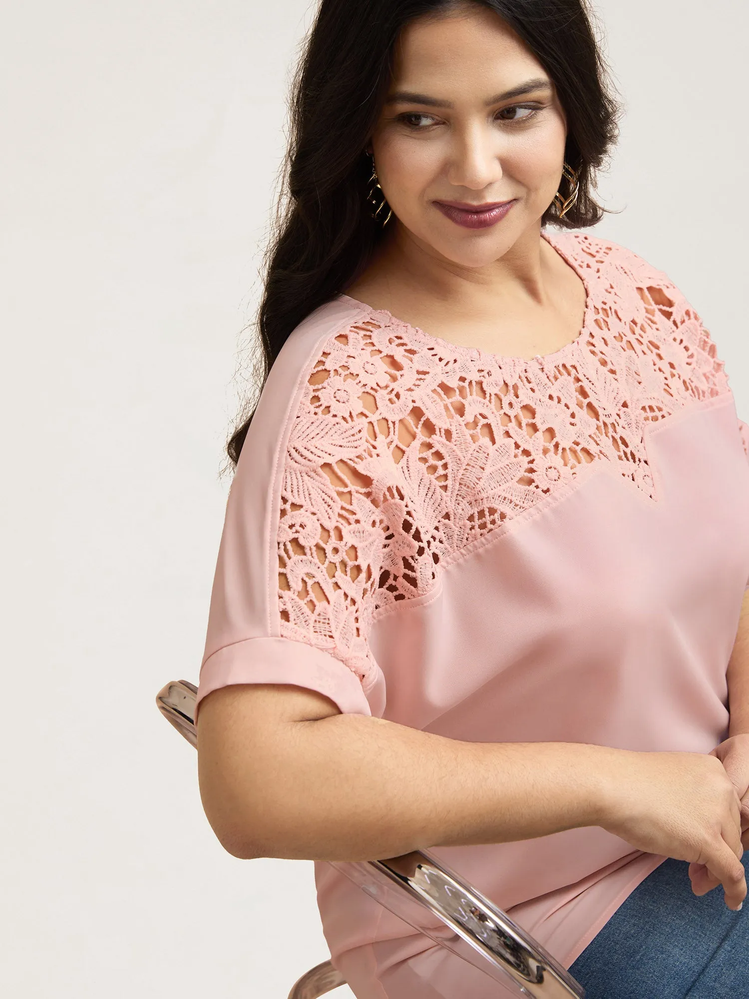 Sheer Lace Neck Half Sleeve Shirt sold by Bloomchic