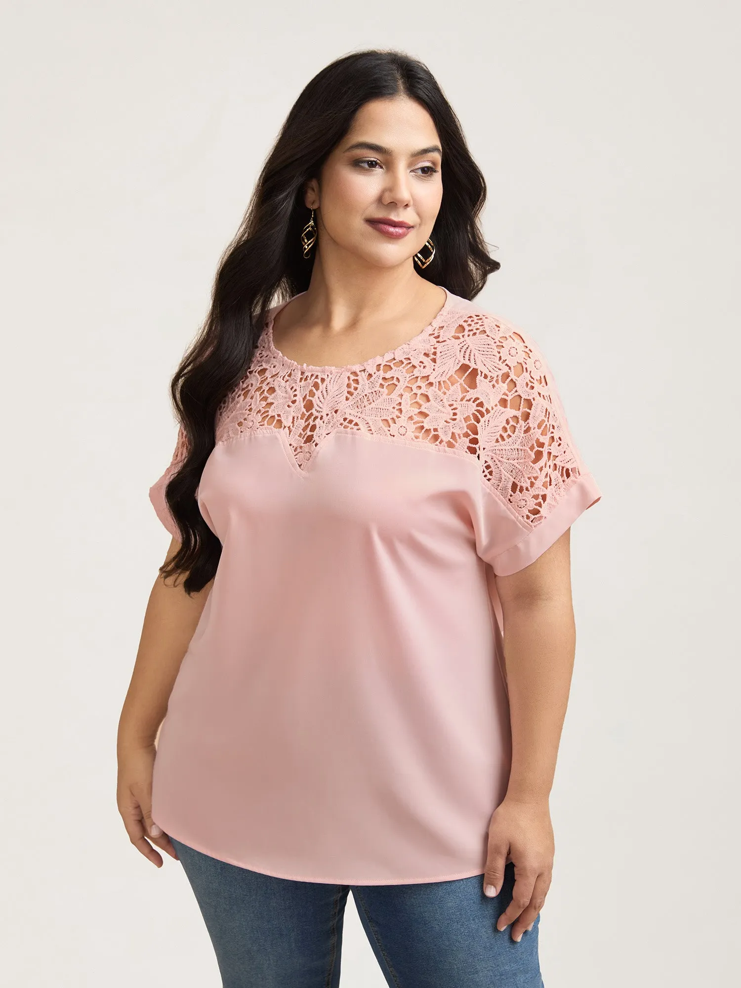 Sheer Lace Neck Half Sleeve Shirt sold by Bloomchic product image thumbnail 2
