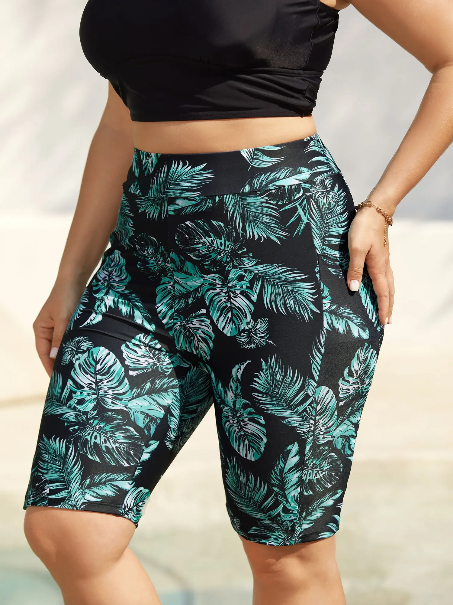 Tropical Leaf Print Pocket Swim Bottoms sold by Bloomchic