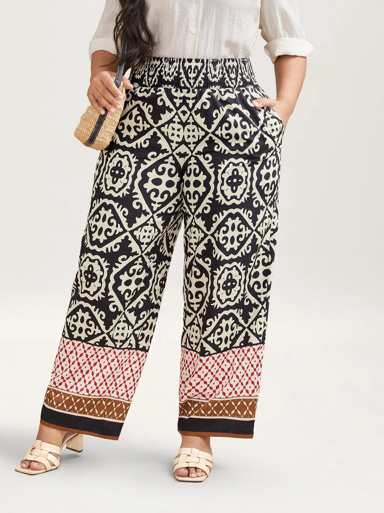 Ornate Print Contrast Hem Straight Leg Pants sold by Bloomchic