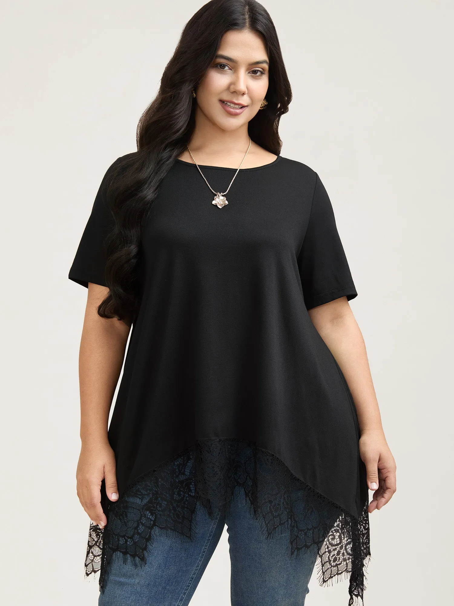 Lace Trim Round Neck Casual T-Shirt sold by Bloomchic