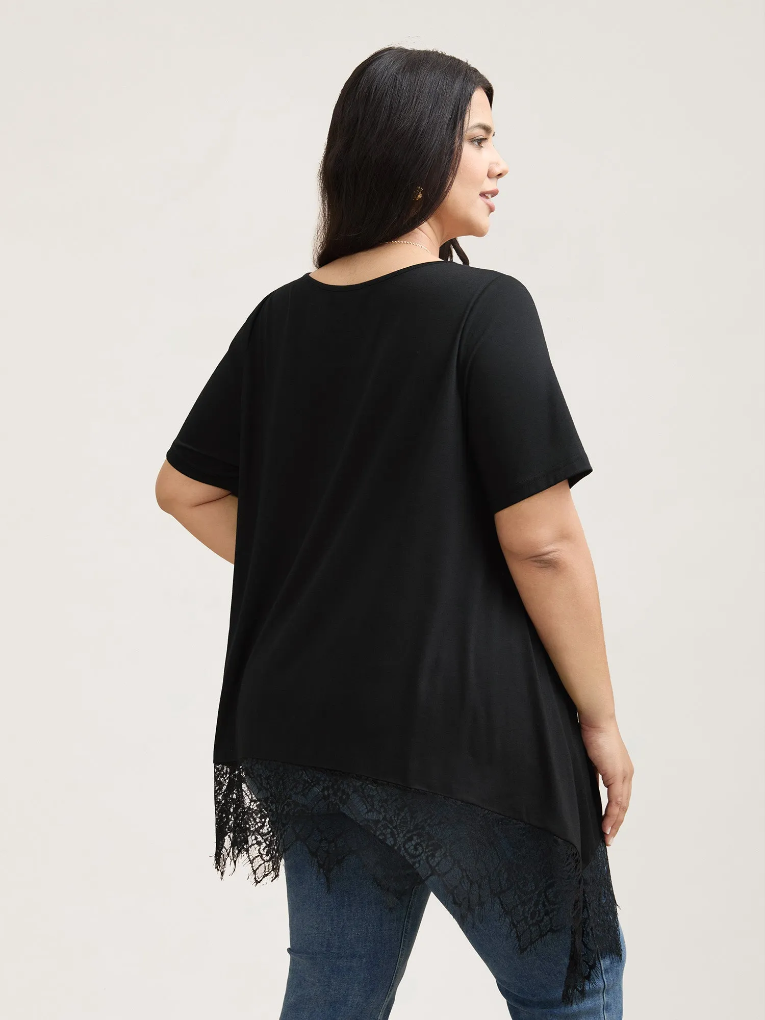 Lace Trim Round Neck Casual T-Shirt sold by Bloomchic product image thumbnail 3