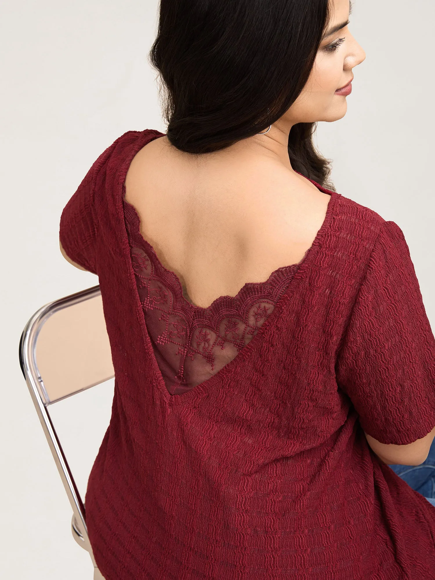 Textured Back Lace Cut-Out Stretchy T-Shirt sold by Bloomchic