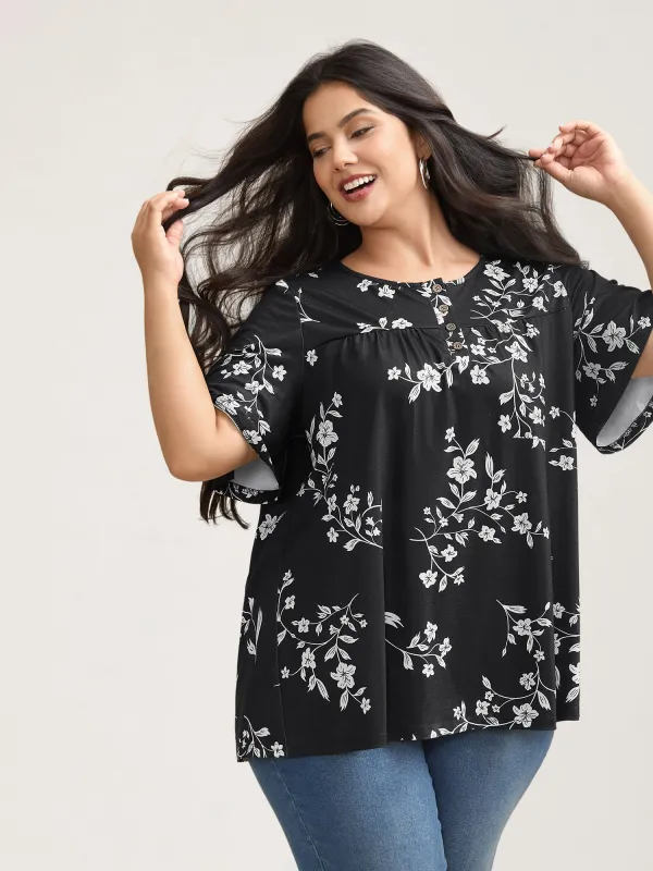 Floral Print Button Placket Pleated T-Shirt sold by Bloomchic