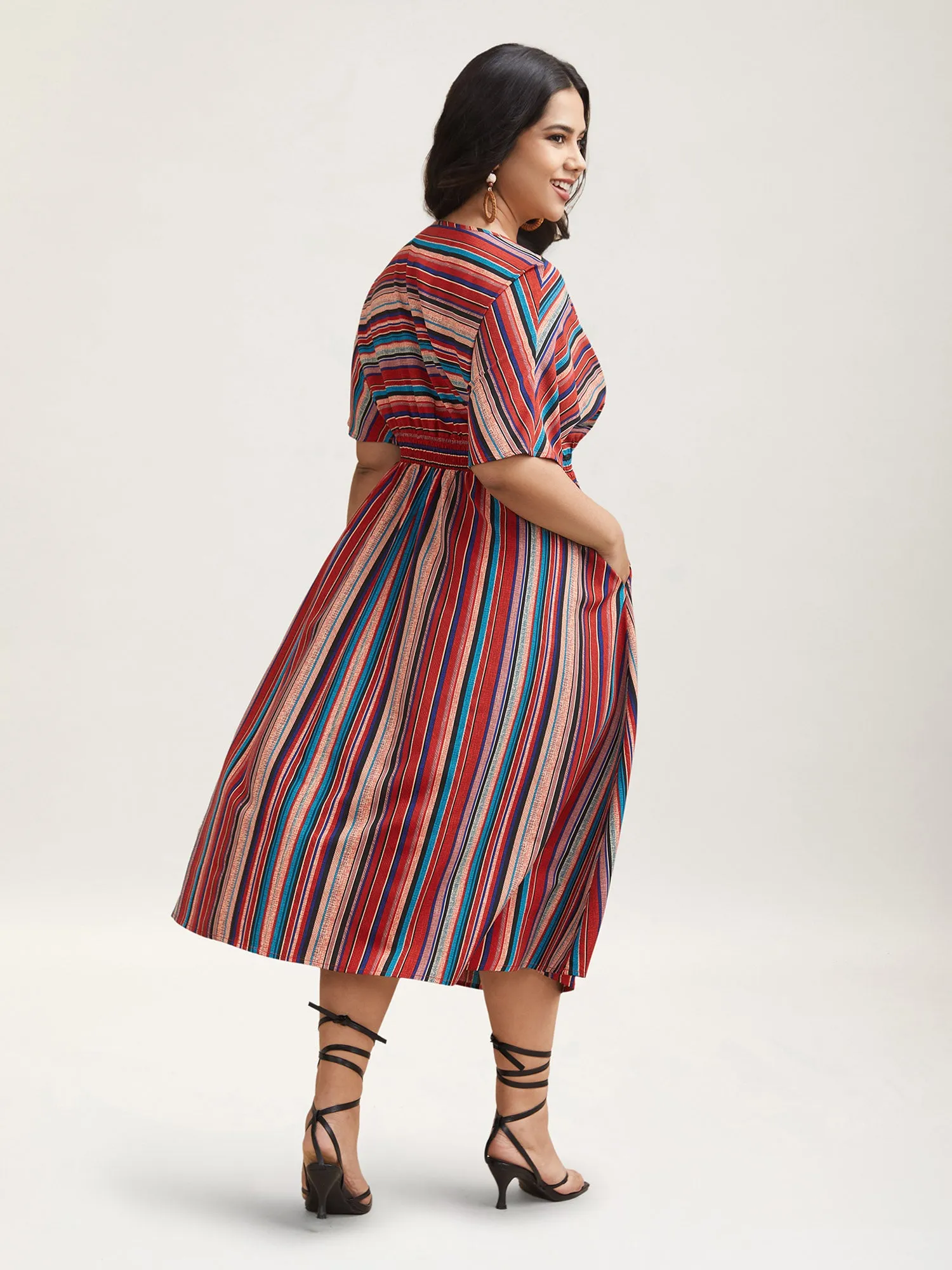 Striped Shirred V-Neck Half Sleeve Midi Dress sold by Bloomchic product image thumbnail 4