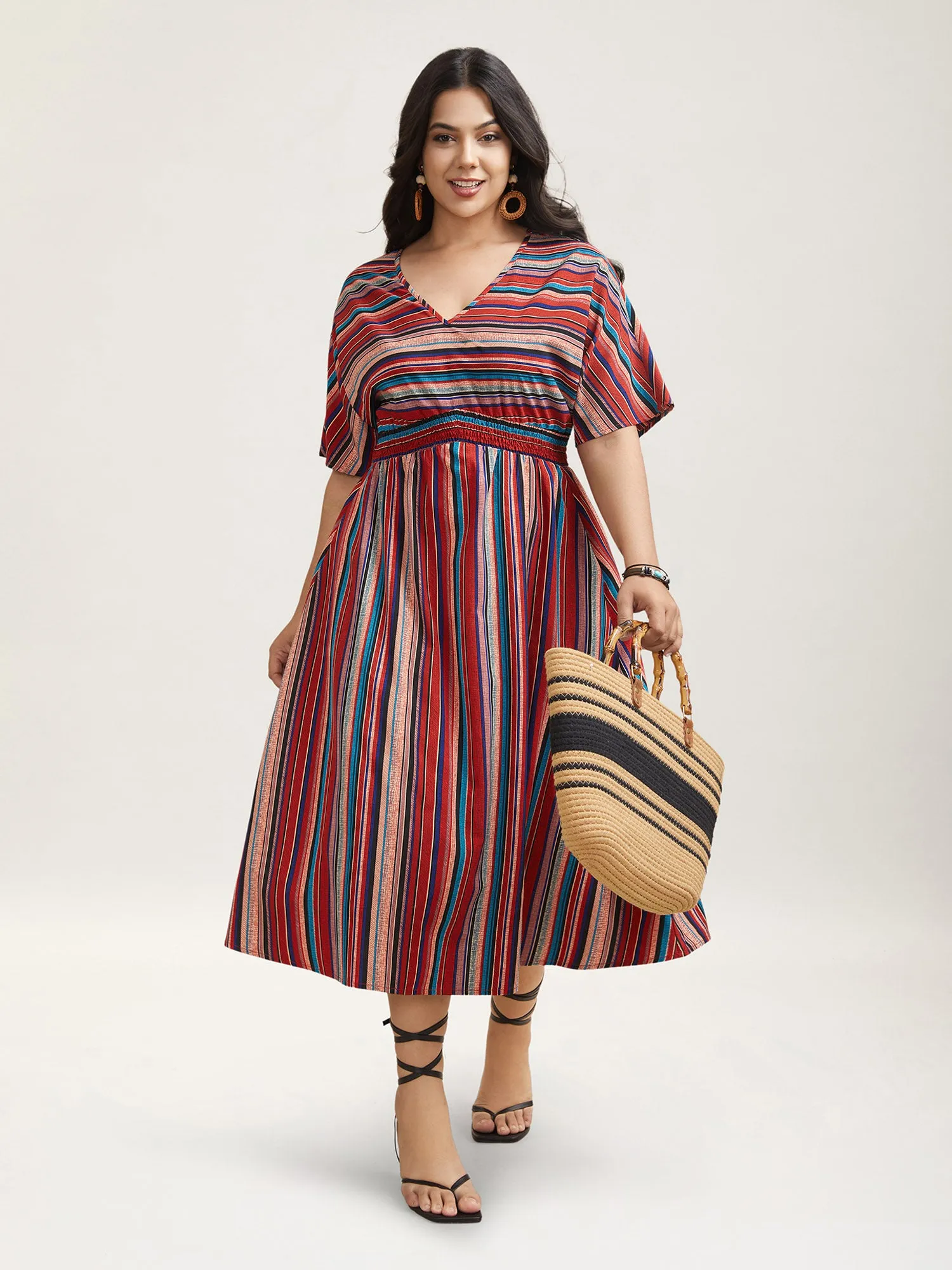 Striped Shirred V-Neck Half Sleeve Midi Dress sold by Bloomchic product image thumbnail 3