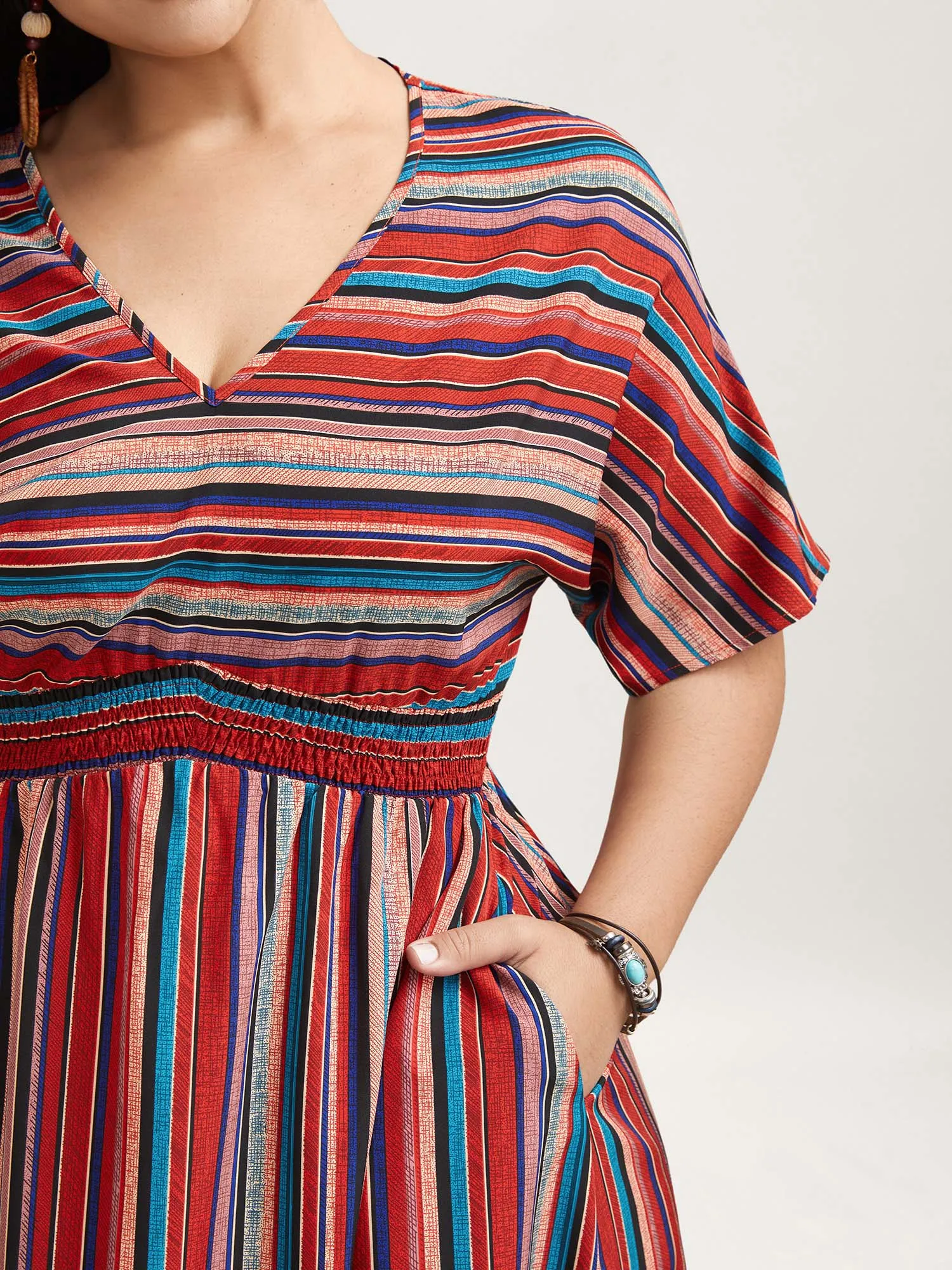 Striped Shirred V-Neck Half Sleeve Midi Dress sold by Bloomchic product image thumbnail 2