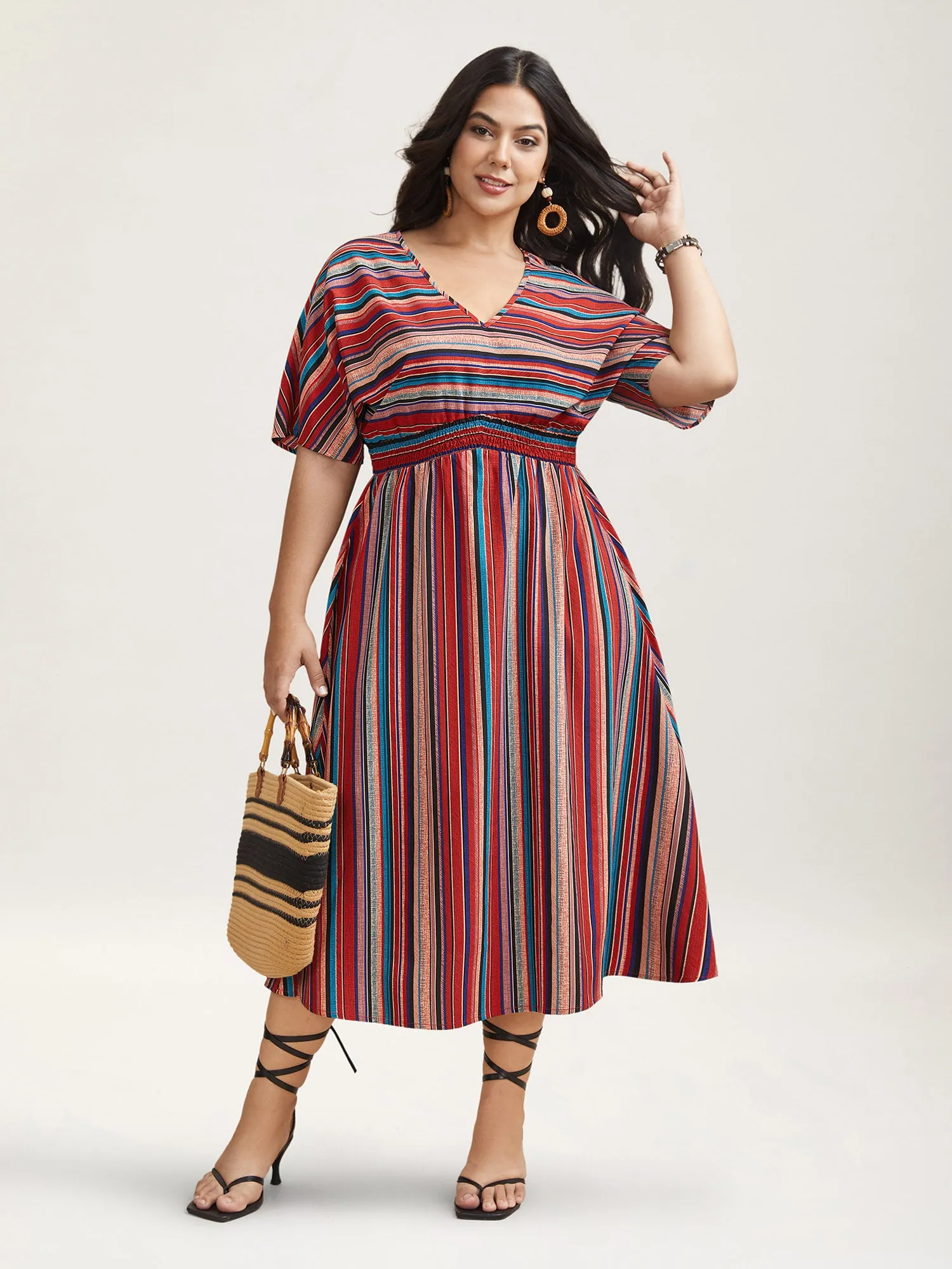 Striped Shirred V-Neck Half Sleeve Midi Dress sold by Bloomchic