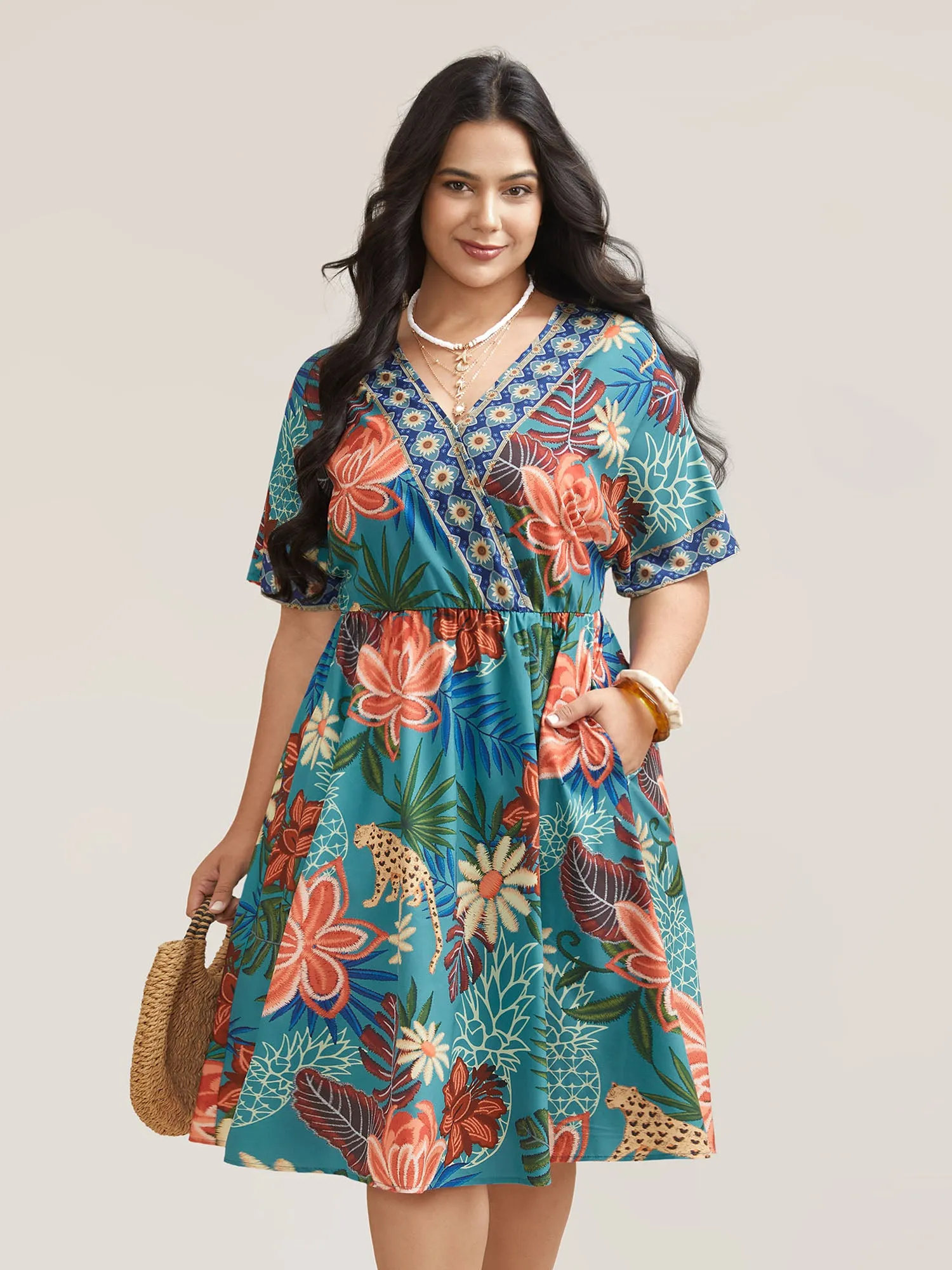 Floral Print Surplice Neck Pockets Midi Dress sold by Bloomchic