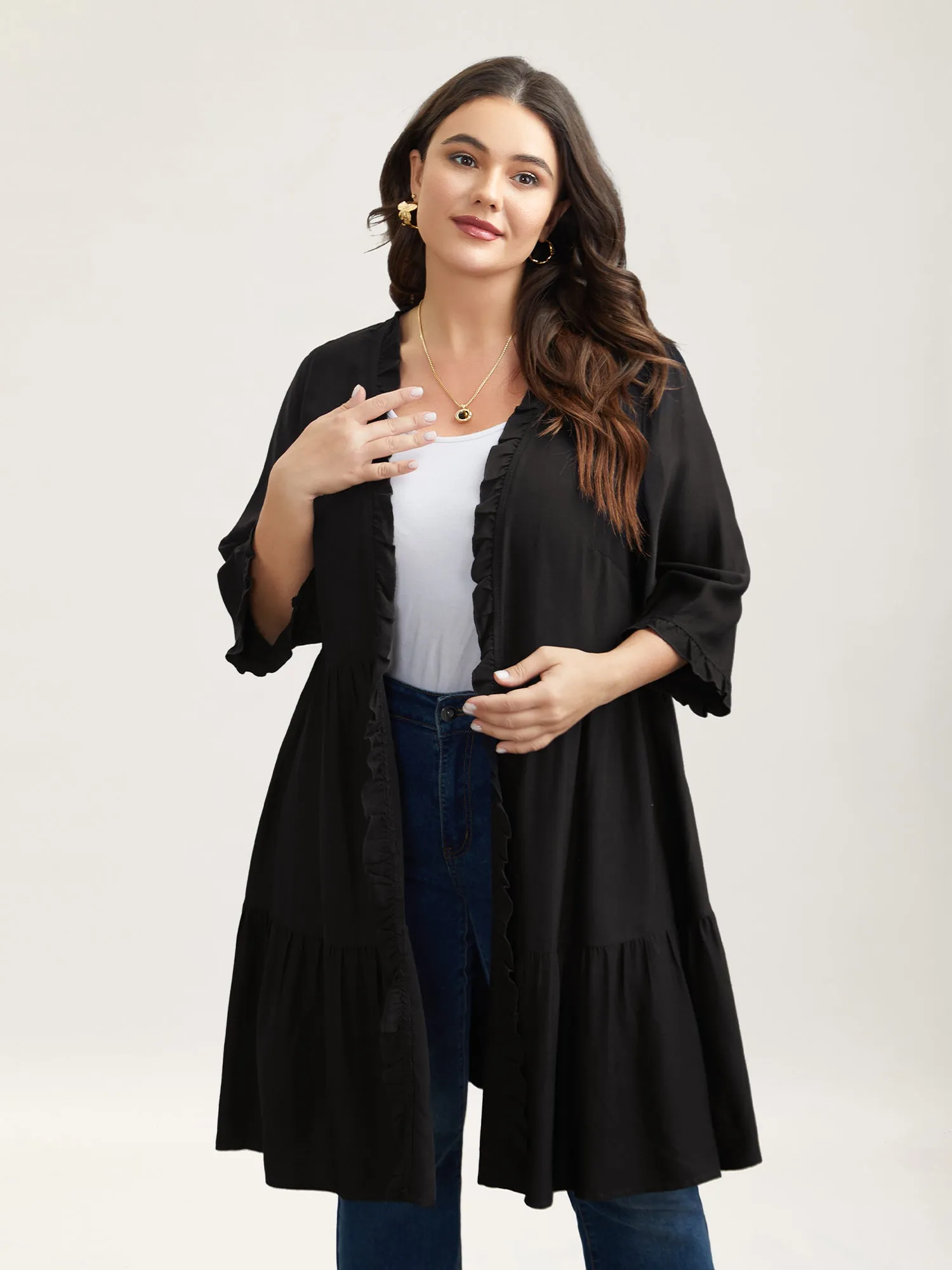Ruffled Open-Front Tiered Kimono sold by Bloomchic