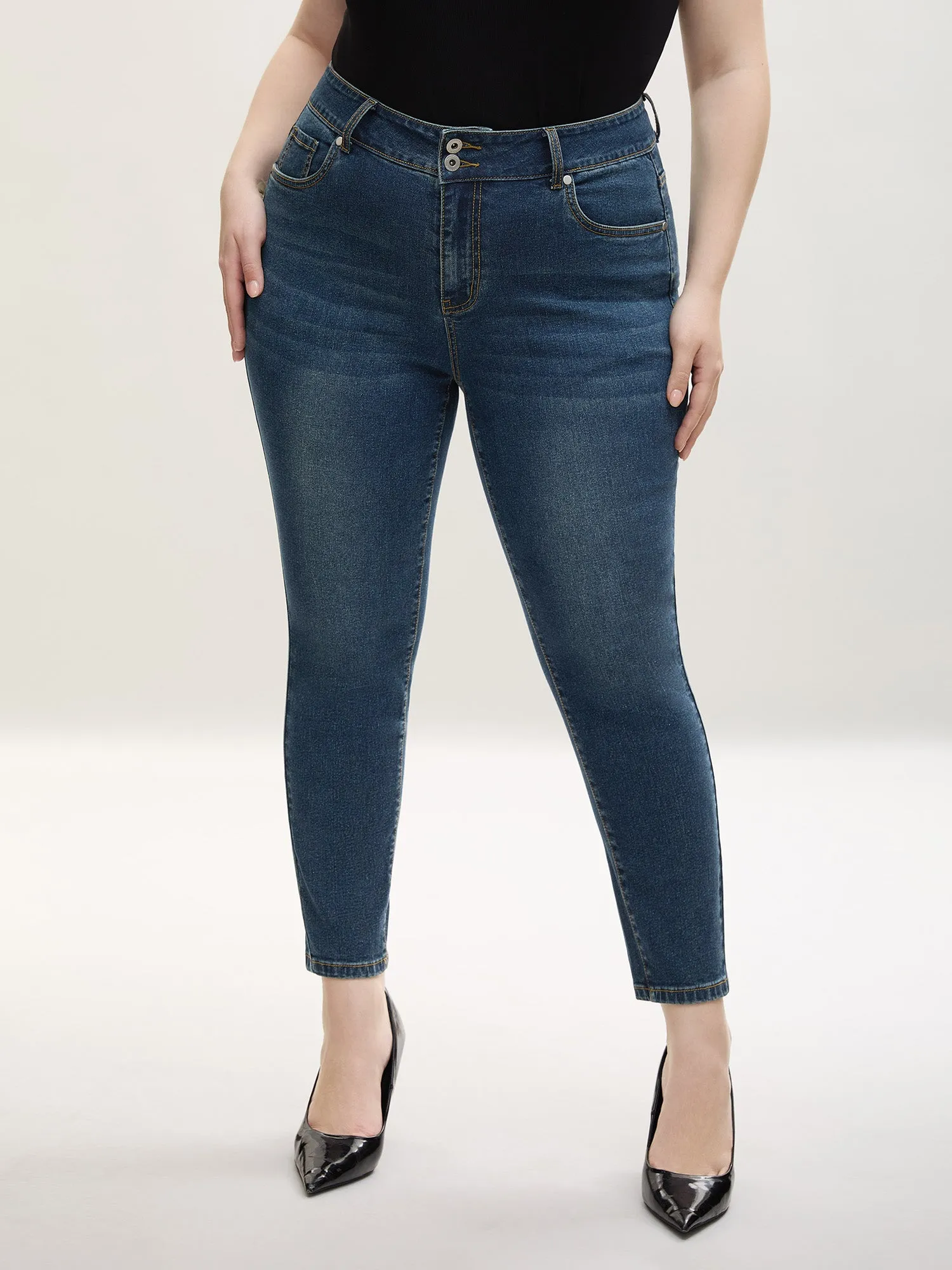 Whiskered Wash Mid-Rise Skinny-Fit Jeans sold by Bloomchic