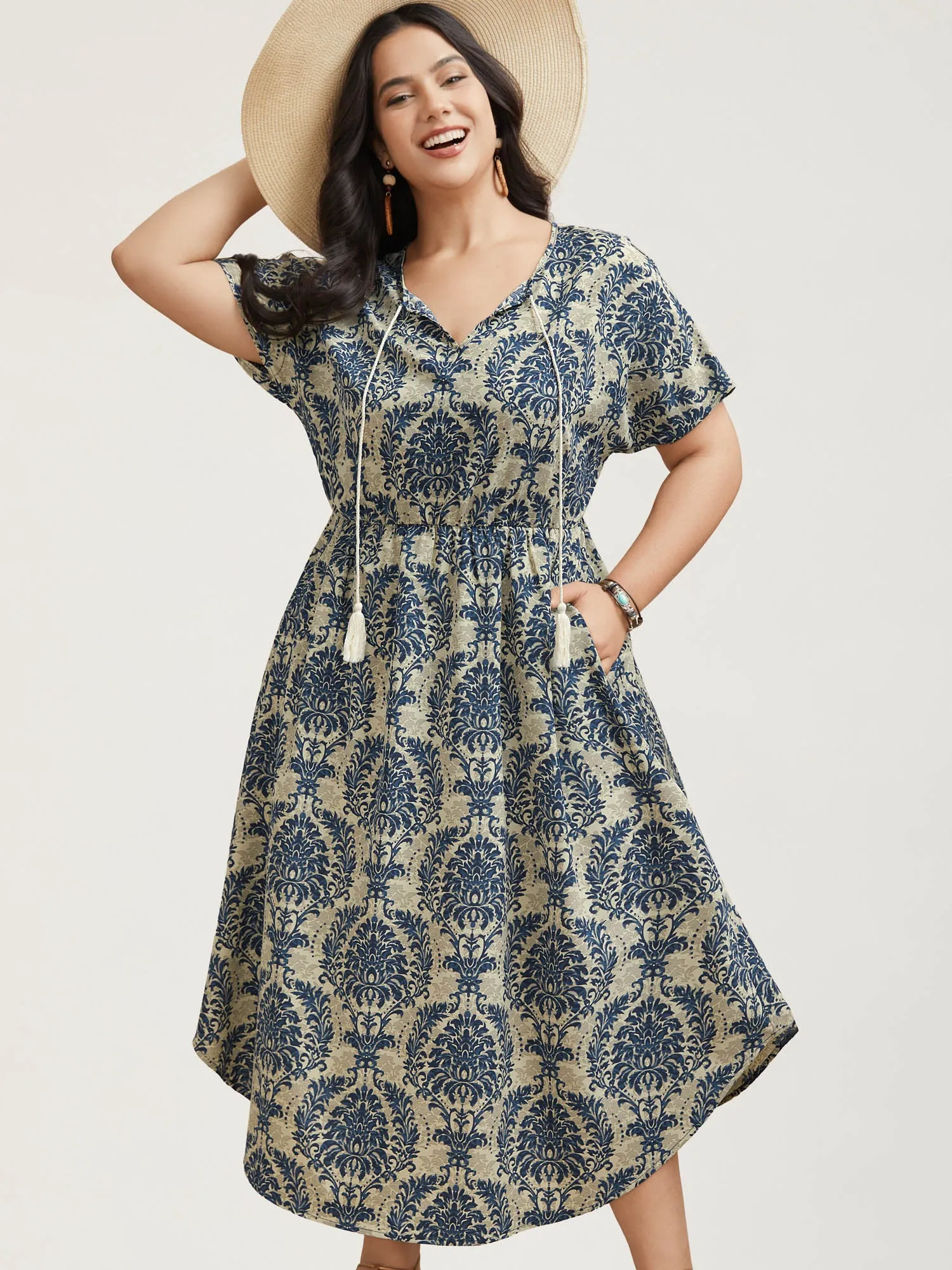 Ornate Print Curvy Hem Tied Maxi Dress sold by Bloomchic