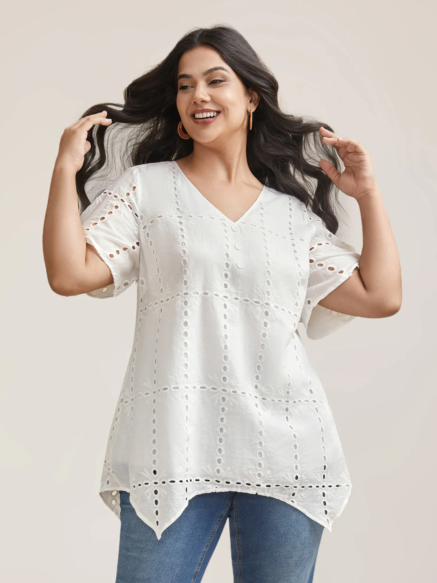 Cotton Embroidered V-Neck Shirt sold by Bloomchic