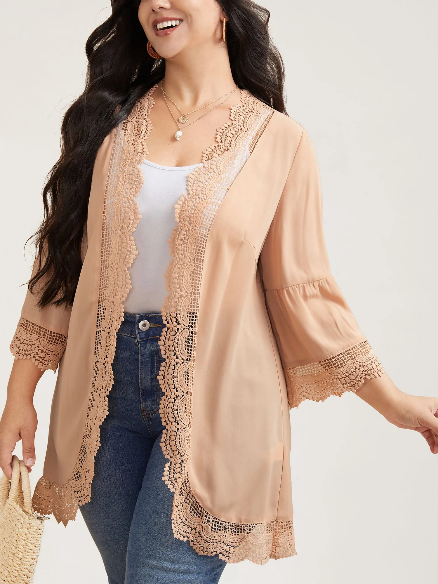 Scalloped Lace Open Front Kimono Cardigan sold by Bloomchic