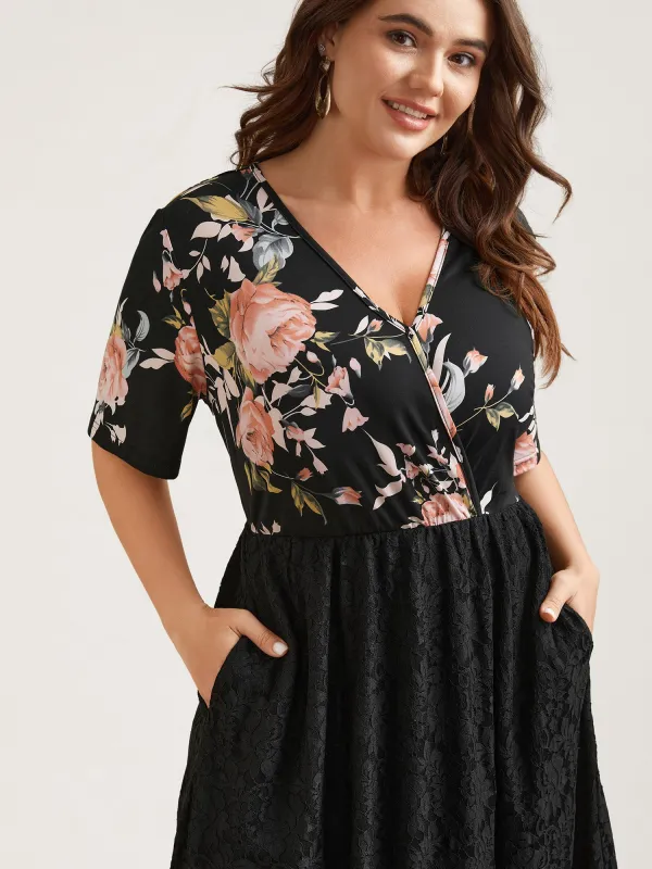 Floral Panel Surplice Pockets Midi Dress sold by Bloomchic