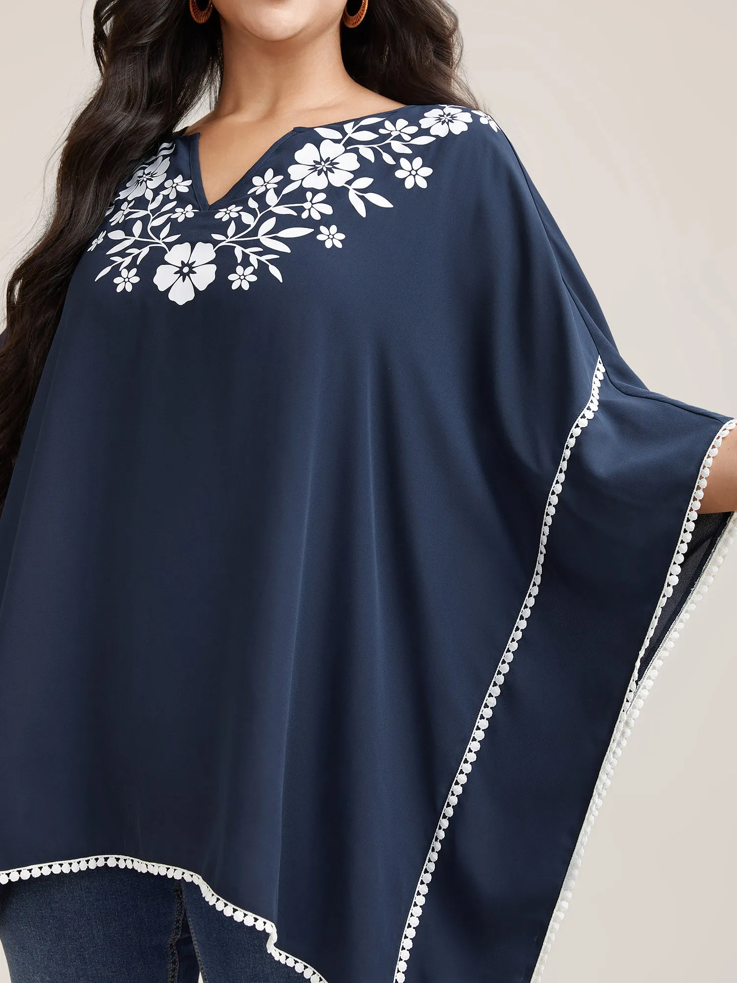 Printed Neckline Lace Spliced Loose Shirt sold by Bloomchic product image thumbnail 2