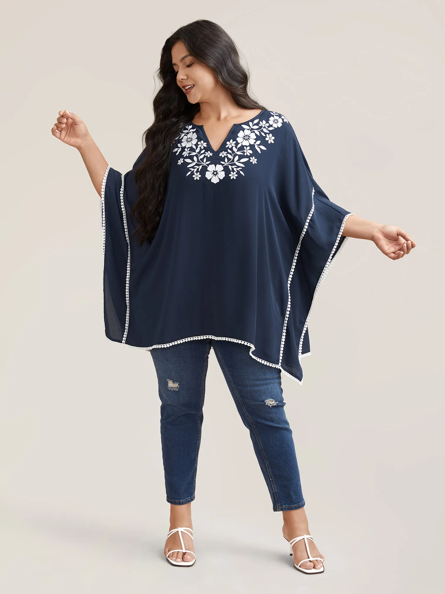 Printed Neckline Lace Spliced Loose Shirt sold by Bloomchic product image thumbnail 3